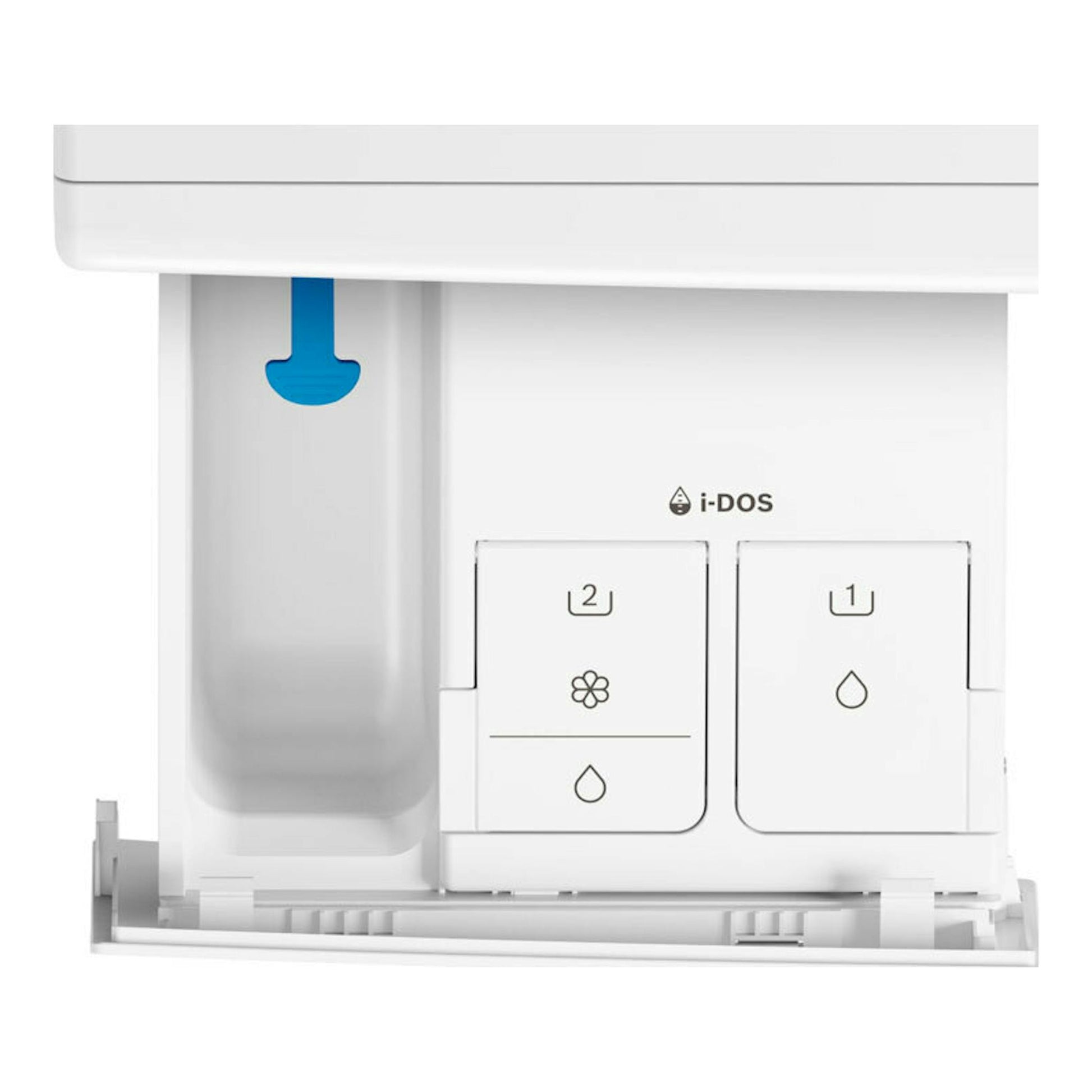 Bosch WNC254A0ES, cajetín i-DOS blanco de lavasecadora, vista frontal del compartimento detergente.