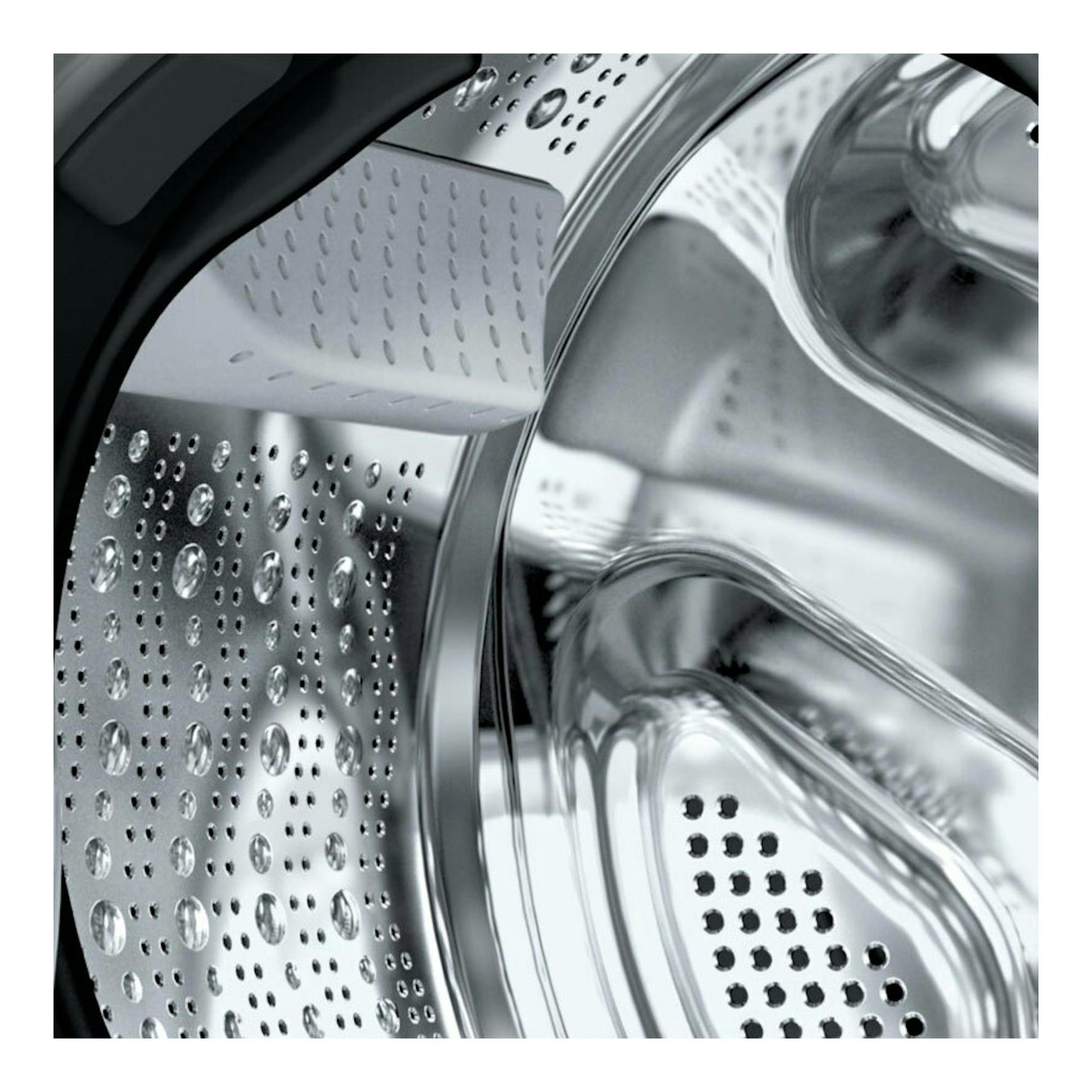 Interior del tambor de lavasecadora Bosch WNC254A0ES, vista frontal en acero inoxidable.