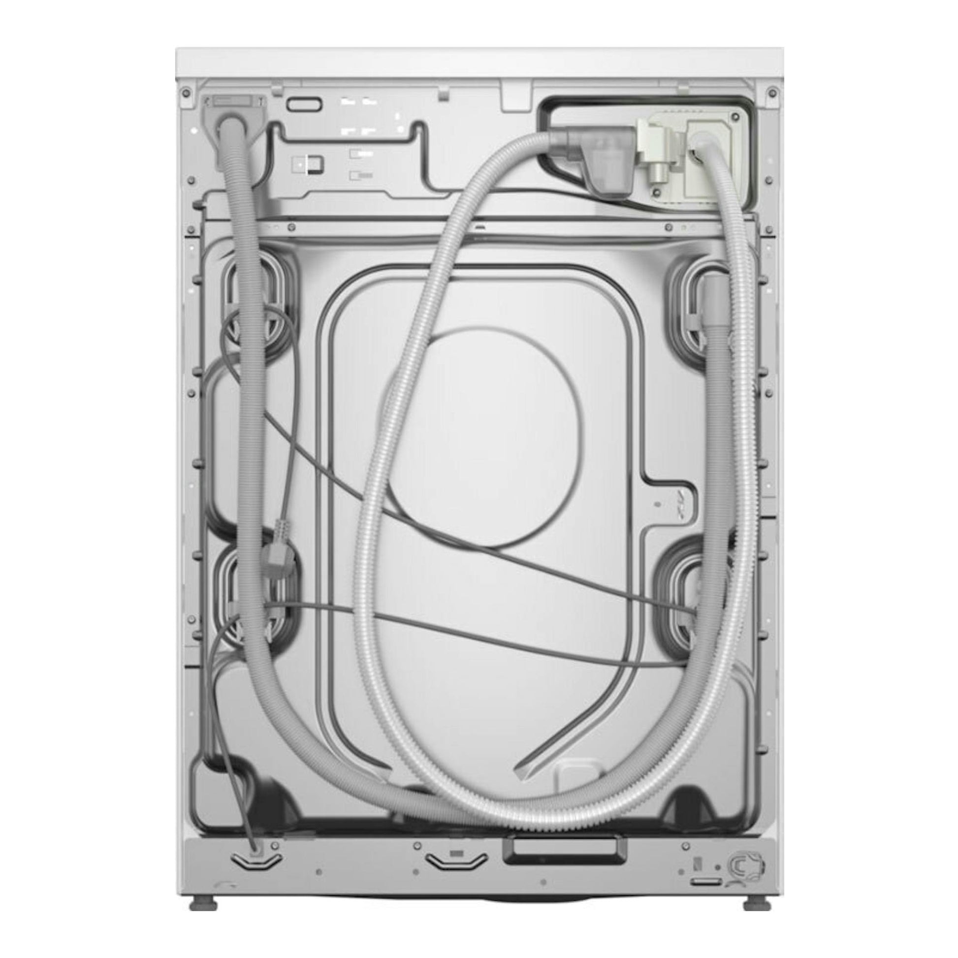 Lavasecadora Bosch WNC254A0ES en vista trasera, gris, con mangueras y cableados visibles.