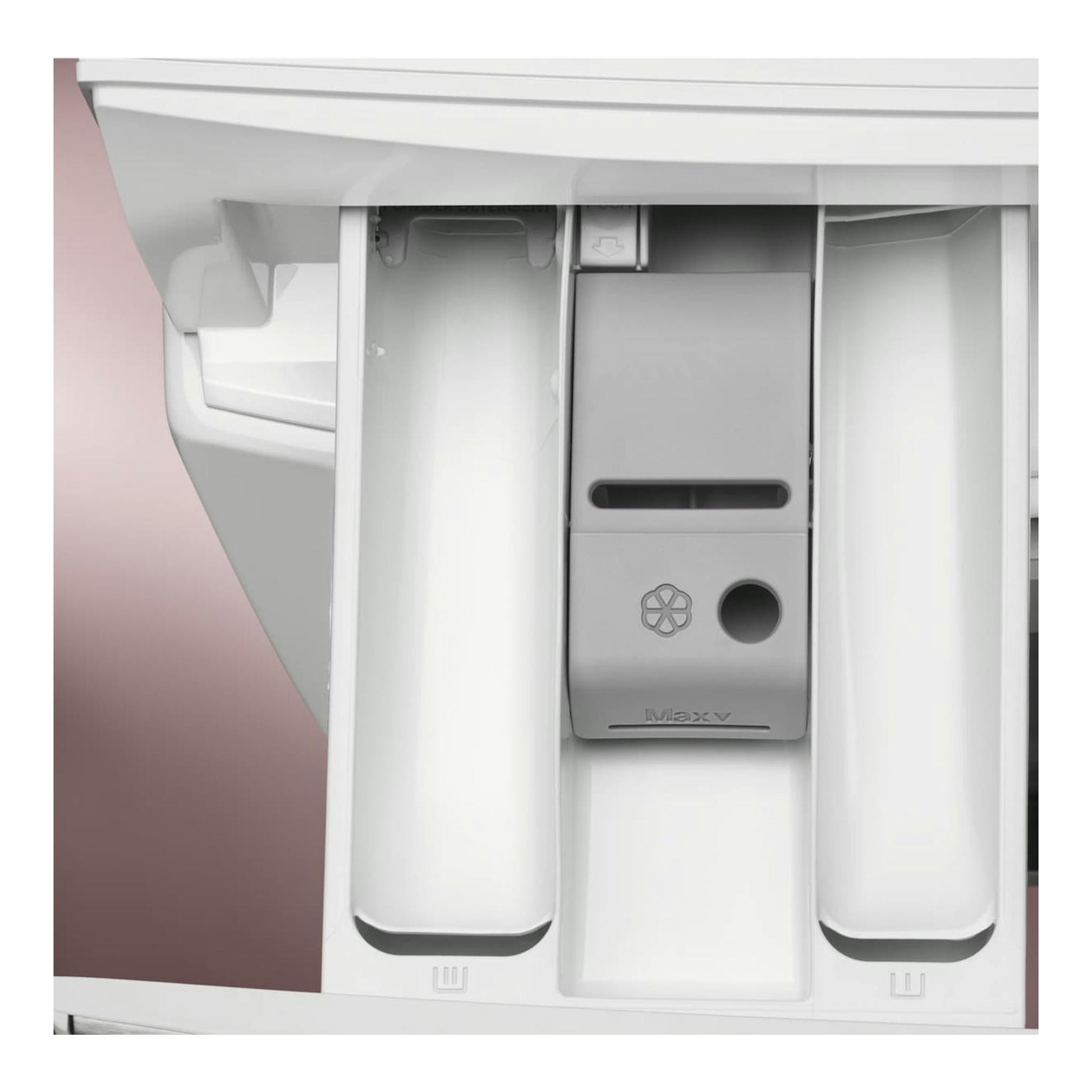 Electrolux EWI7216O2B: cajetín de detergente blanco y gris, vista frontal en primer plano.