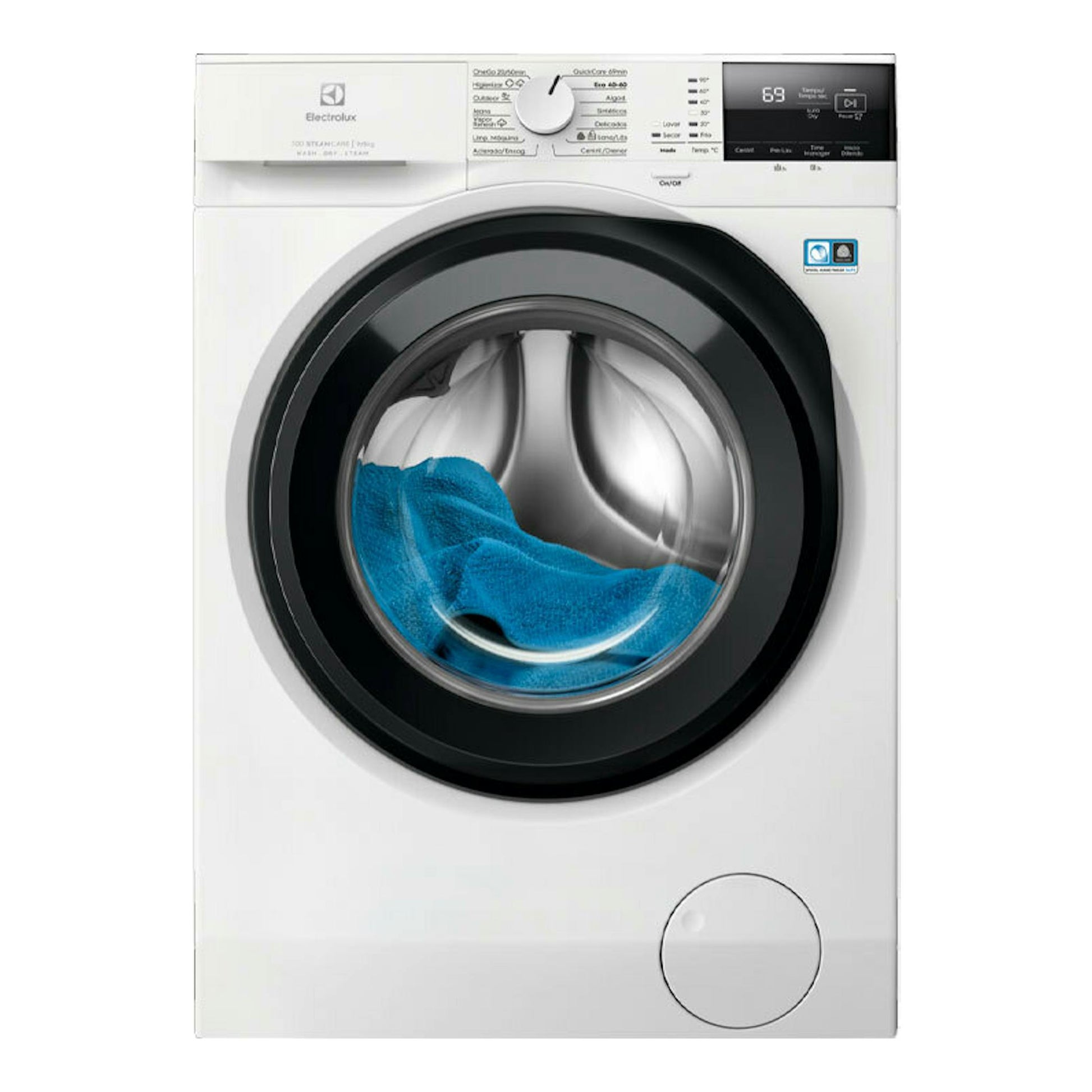 Lavasecadora Electrolux EWI7294M2B blanca, vista frontal, con puerta circular y toalla azul visible.
