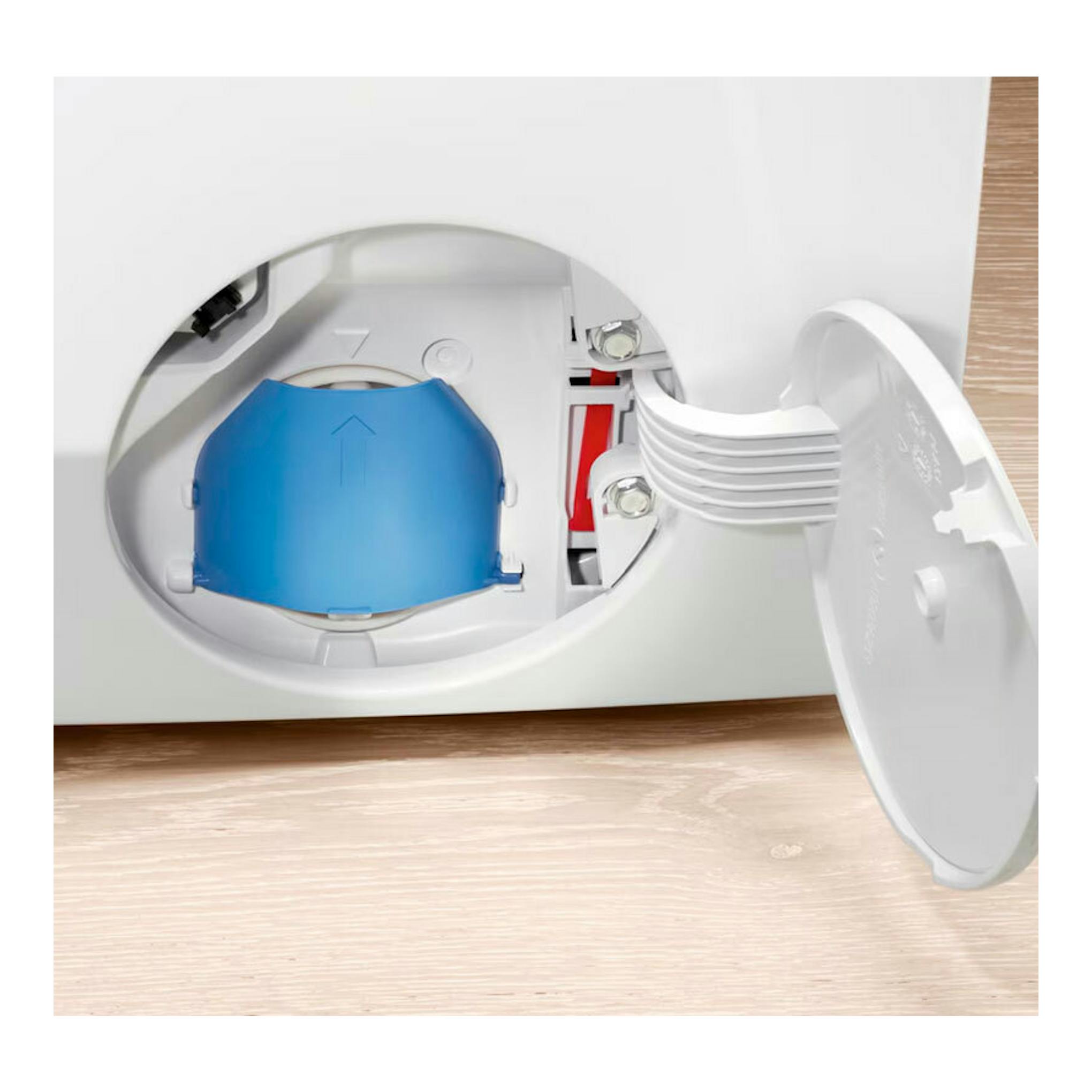 Lavasecadora Electrolux EWI7294M2B blanca, vista frontal en detalle con tapa inferior abierta y filtro azul.