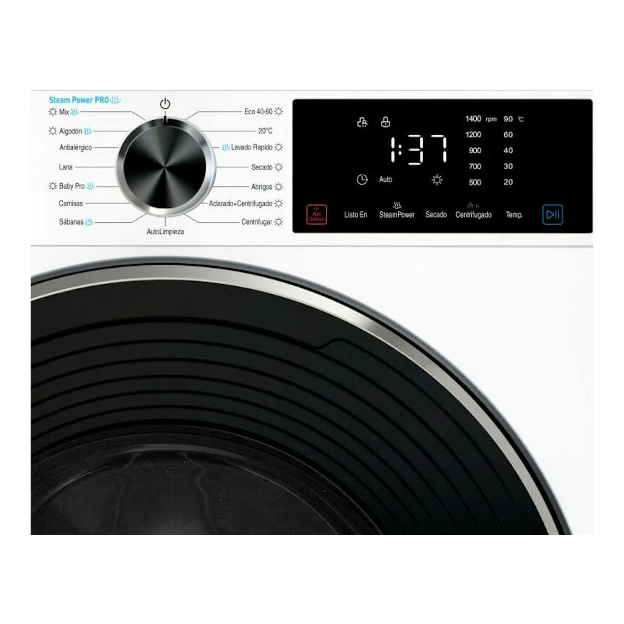 Lavasecadora Fagor 5FS-106714 blanca, panel frontal con selector, pantalla digital y puerta negra en primer plano.