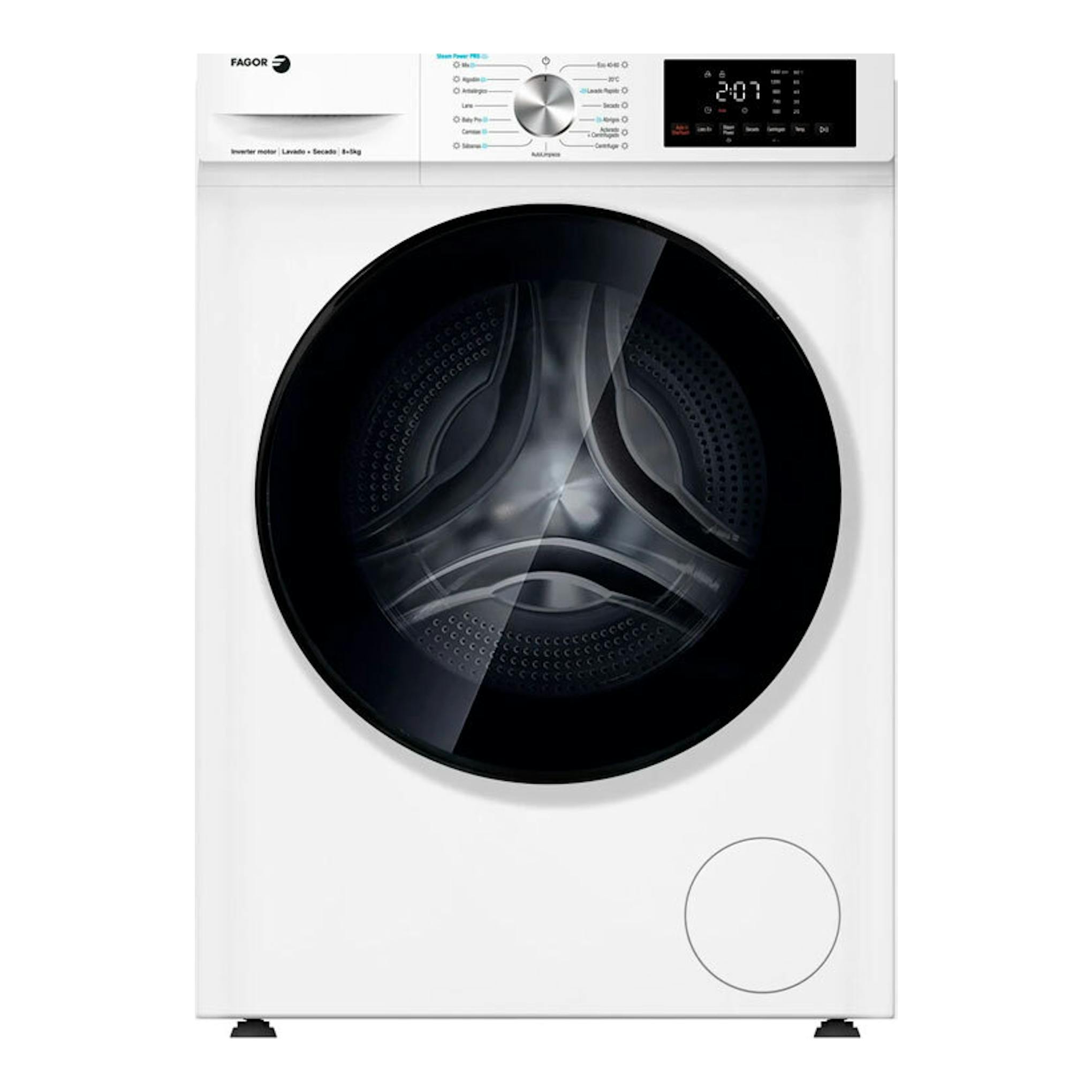 Lavasecadora Fagor 5FS-85614 blanca, vista frontal, con puerta negra circular y panel digital superior.