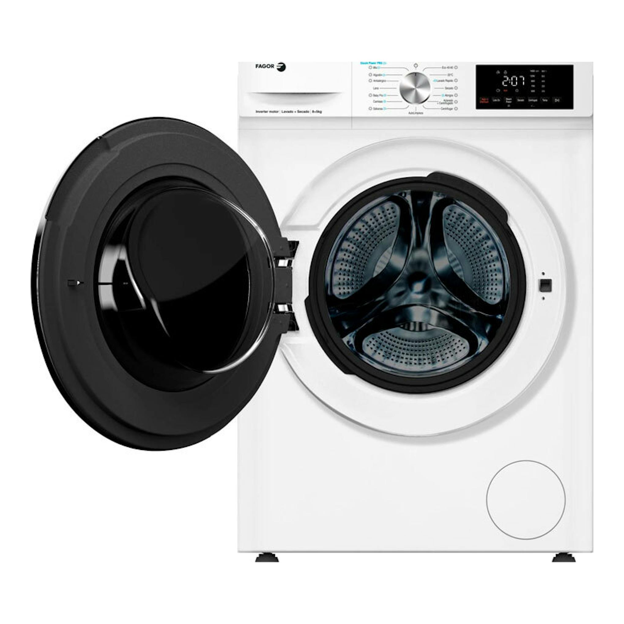 Lavasecadora Fagor 5FS-85614 blanca, vista frontal, con puerta negra abierta y panel digital superior.