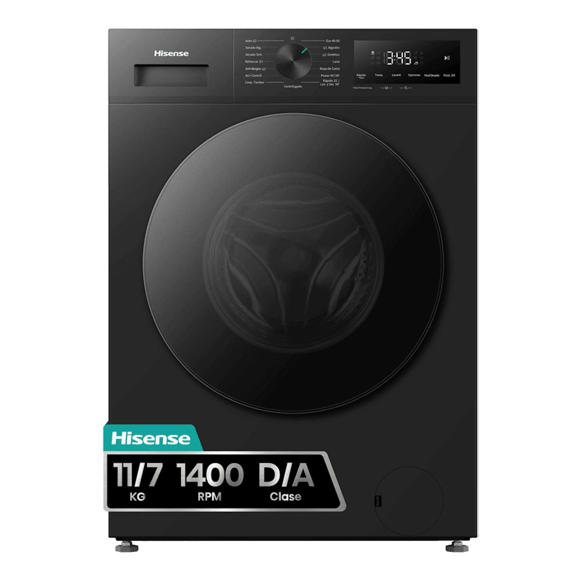 Lavasecadora Hisense WD1I1142BBL2 negra, vista frontal, con puerta circular y panel digital.