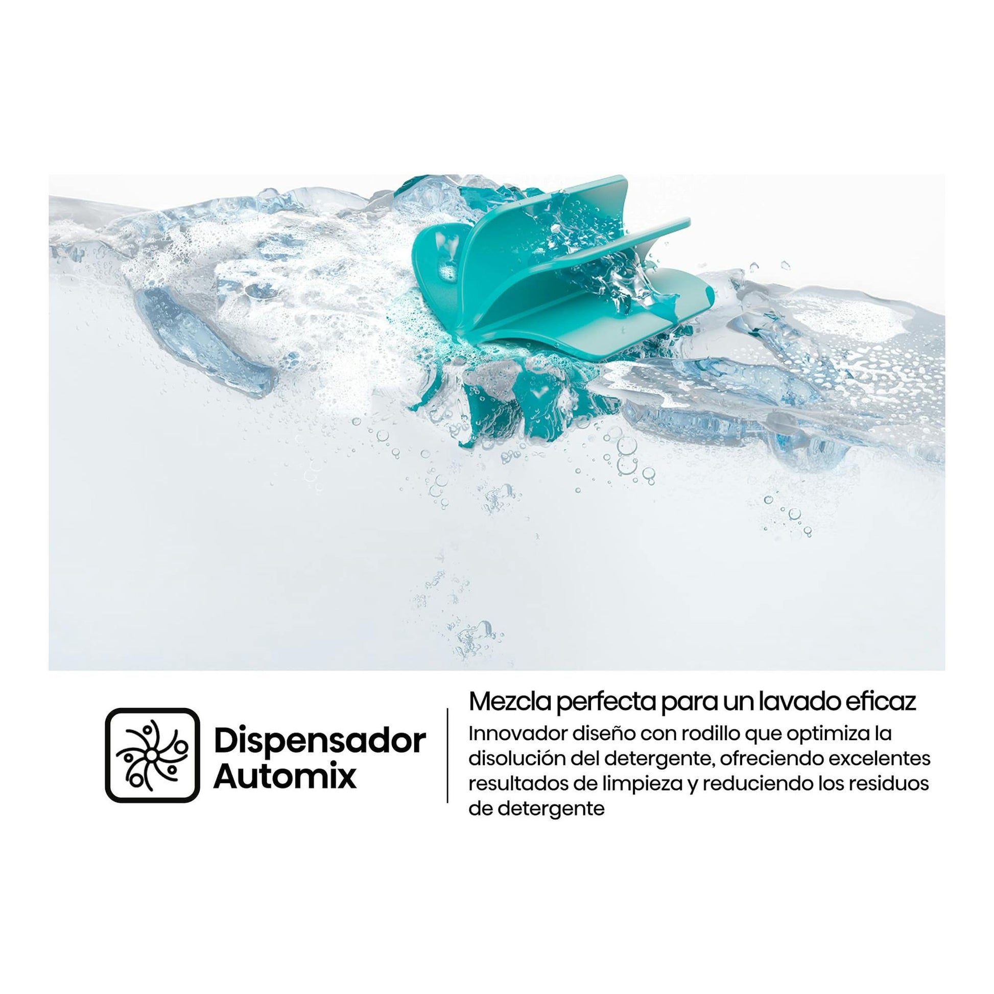 Hisense WD1I1142BBL2: gráfico del dispensador Automix con agua y detergente sobre fondo blanco.