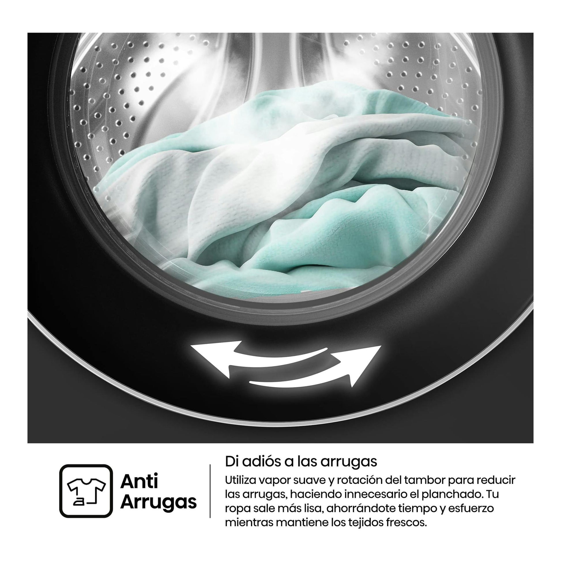 Lavasecadora Hisense WD1I1142BBL2, vista frontal del tambor con ropa blanca y azul claro y texto antiarrugas.