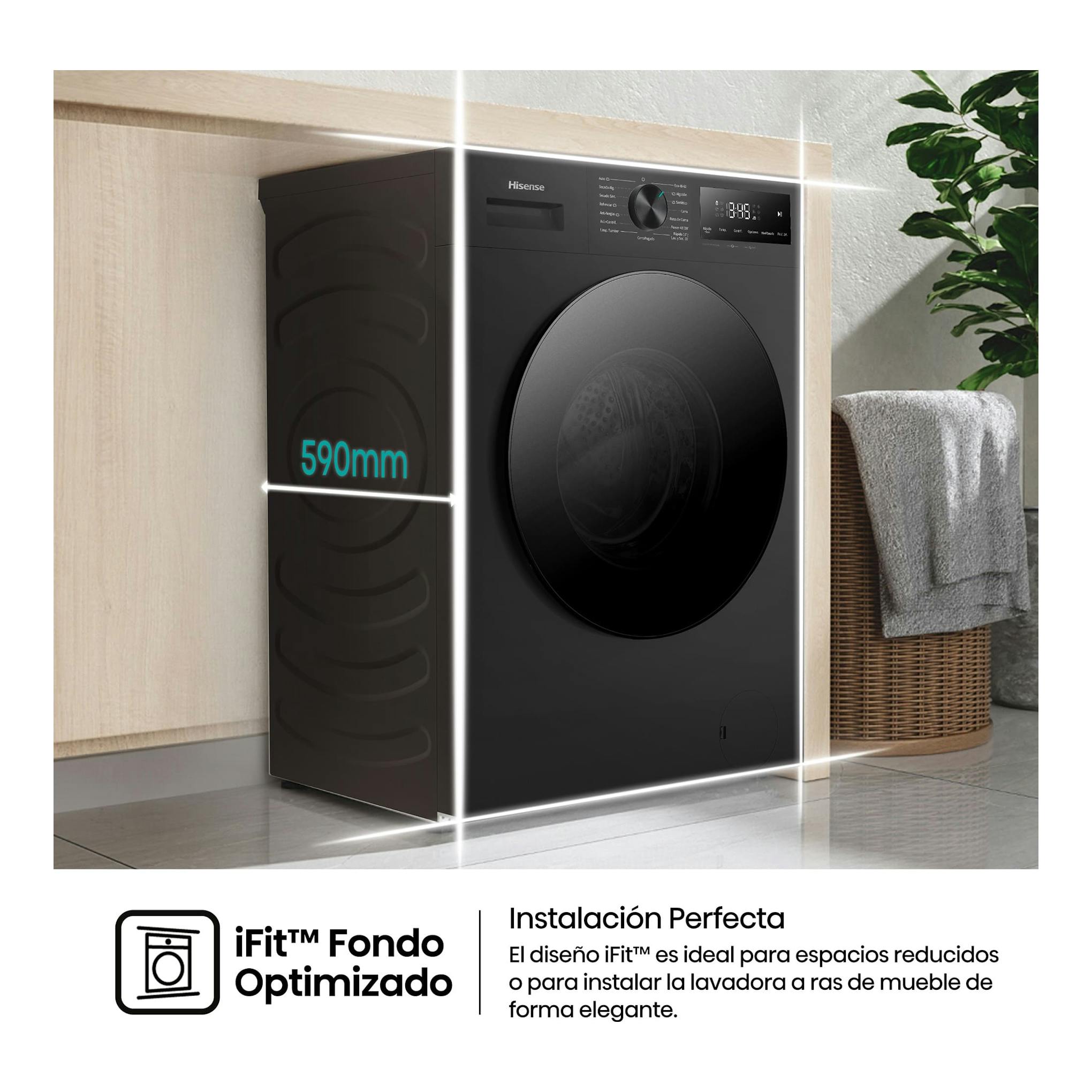 Lavasecadora Hisense WD1I1142BBL2 negra, vista frontal en ángulo, integrada bajo mueble, con puerta circular.
