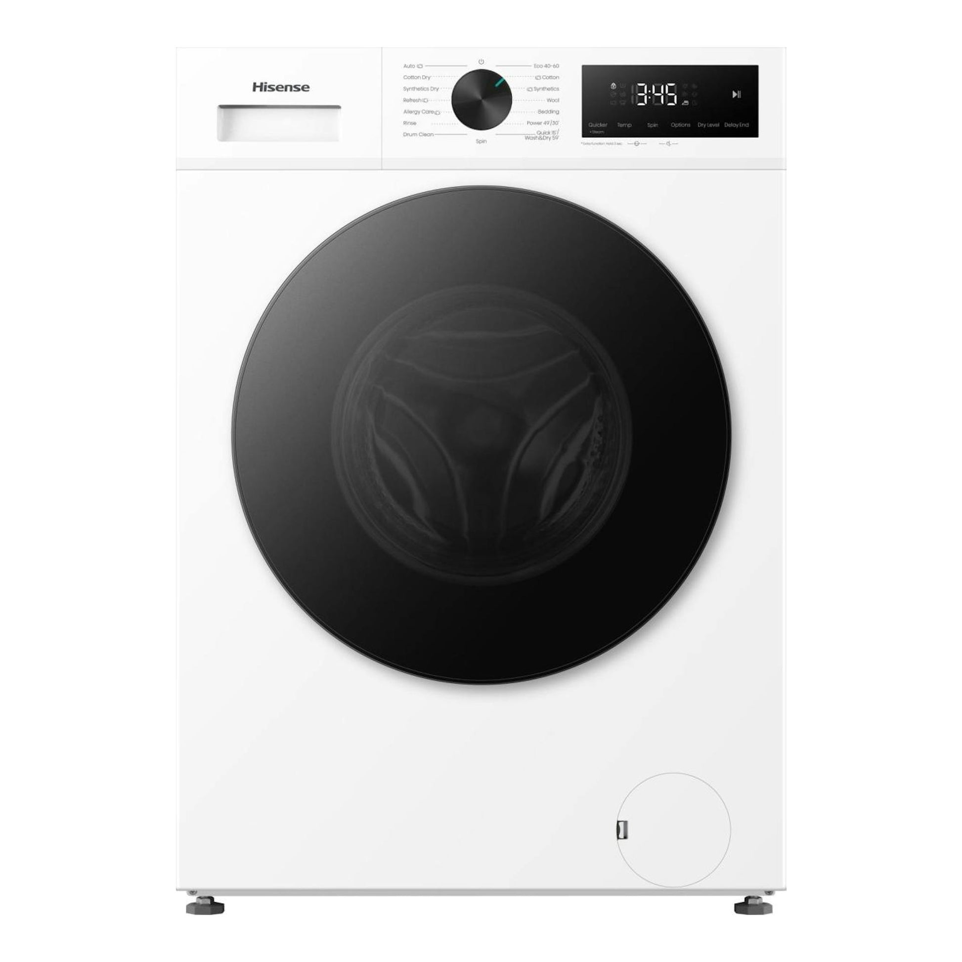 Lavasecadora Hisense WD1I1142BWL2 blanca, vista frontal, con puerta negra circular y panel superior digital.