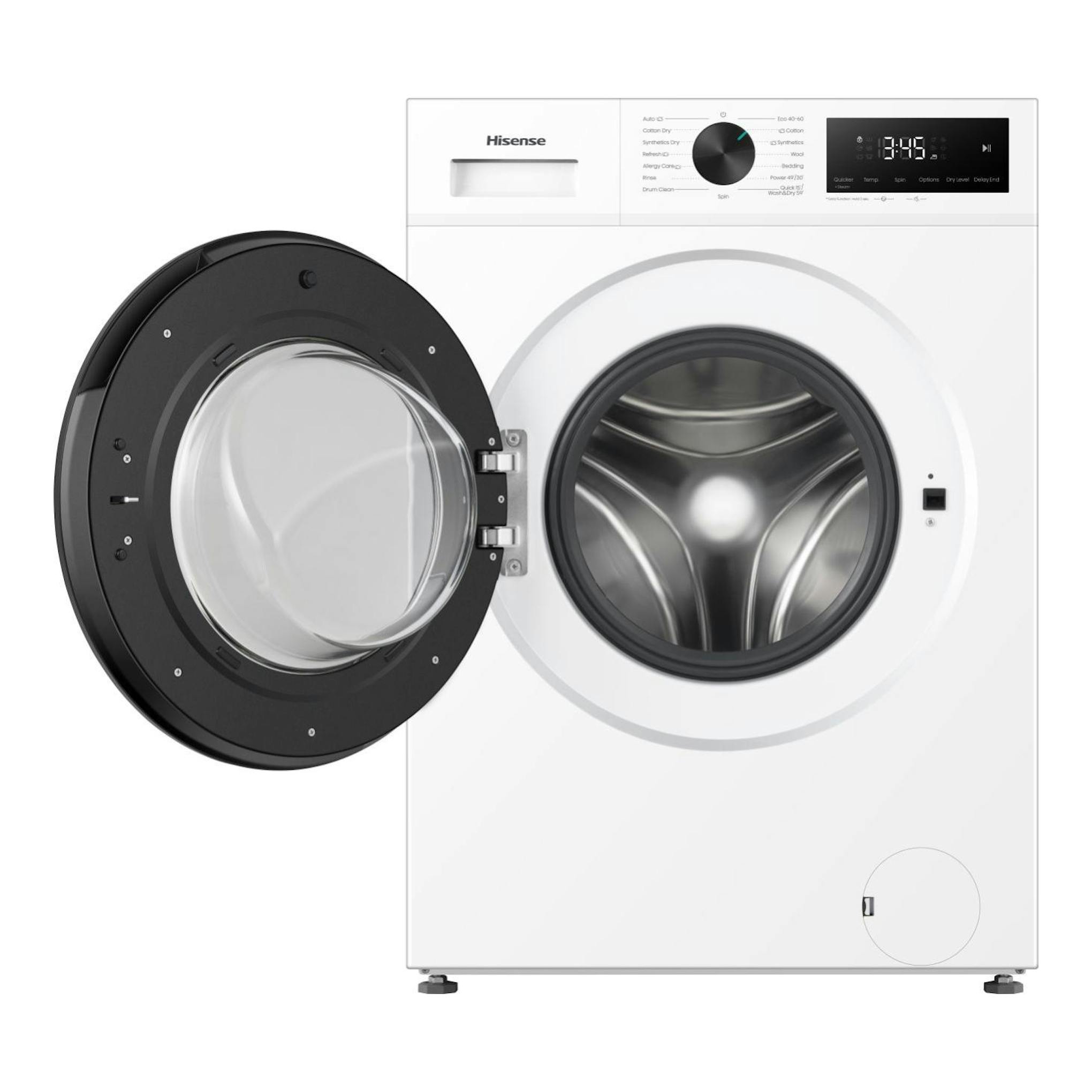 Lavasecadora Hisense WD1I1142BWL2 blanca, vista frontal, con puerta abierta y panel digital.
