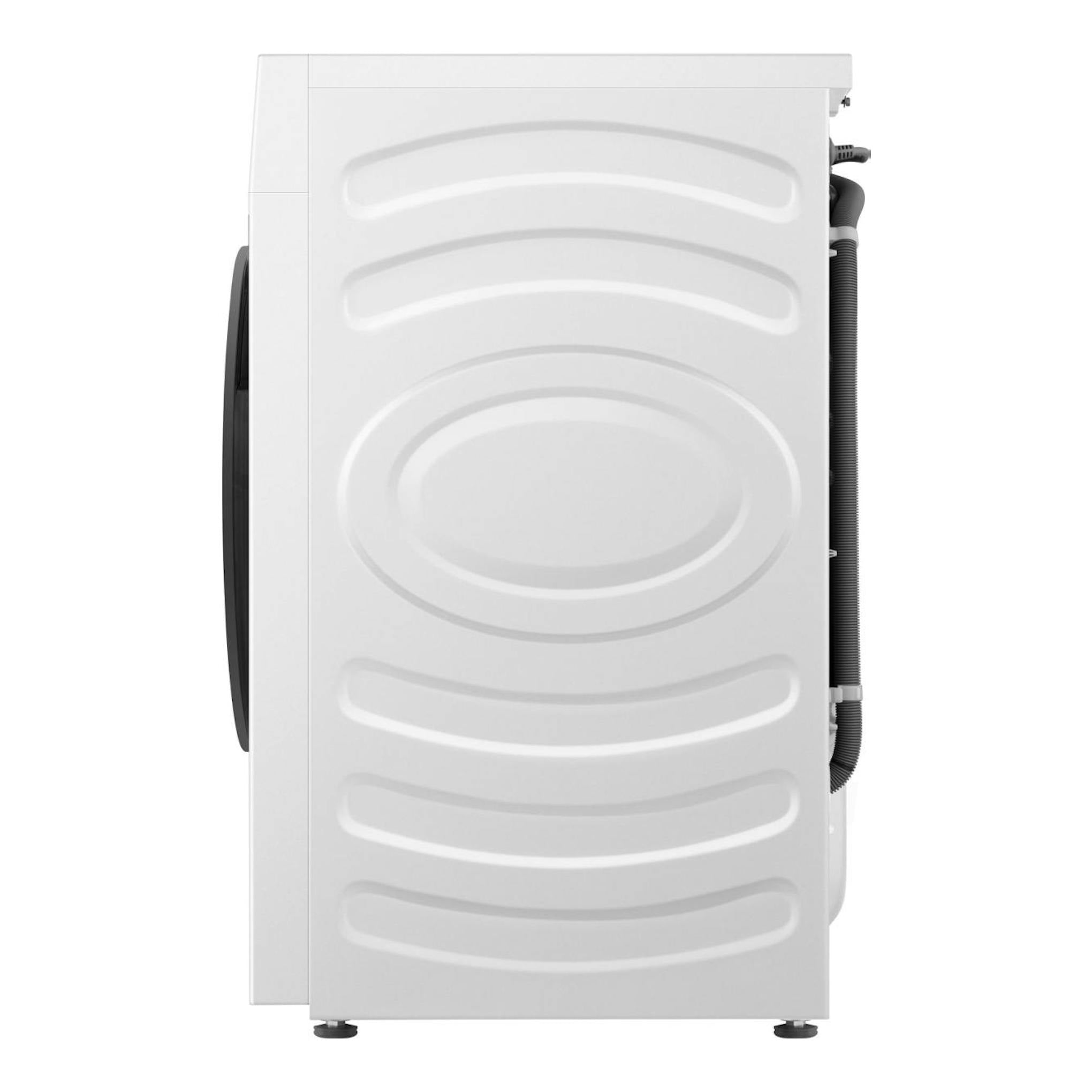 Lavasecadora Hisense WD1I1142BWL2 blanca, vista lateral, con puerta frontal y manguera trasera.
