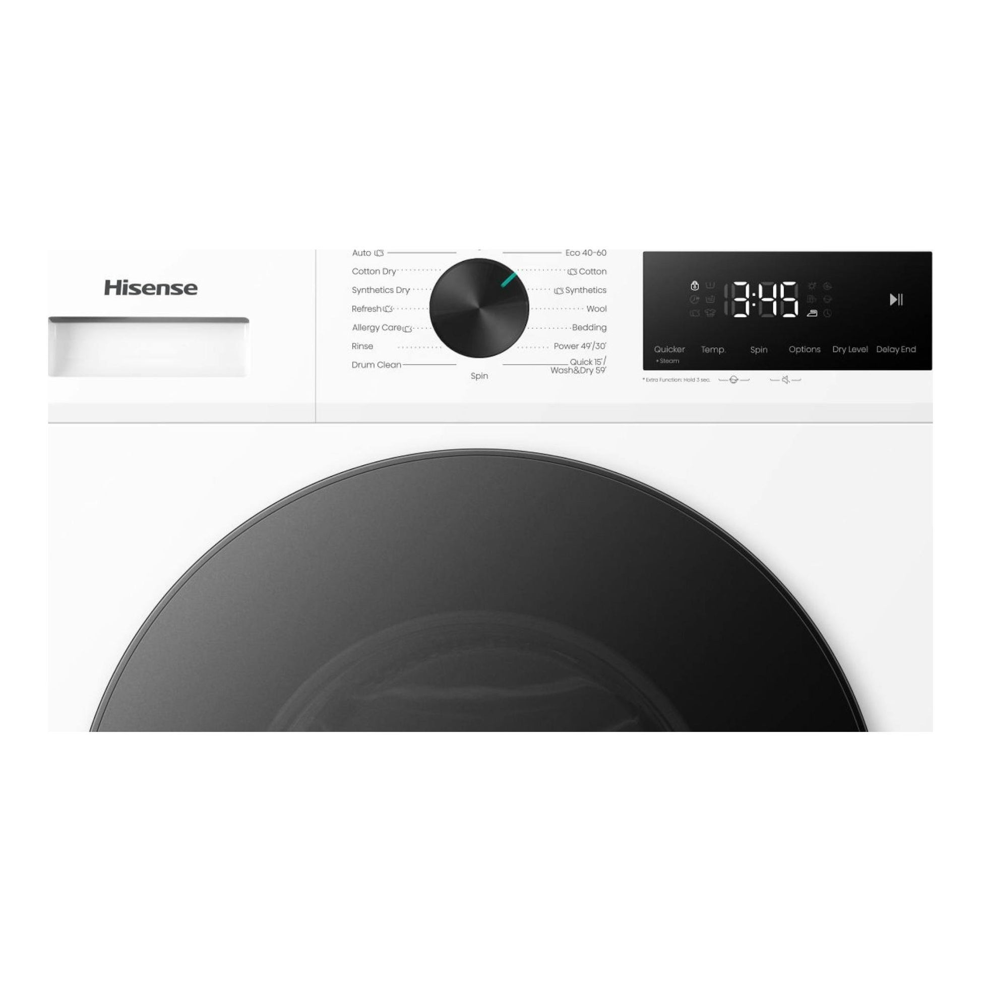 Lavasecadora Hisense WD1I1142BWL2 blanca, vista frontal, con puerta negra circular y panel digital.