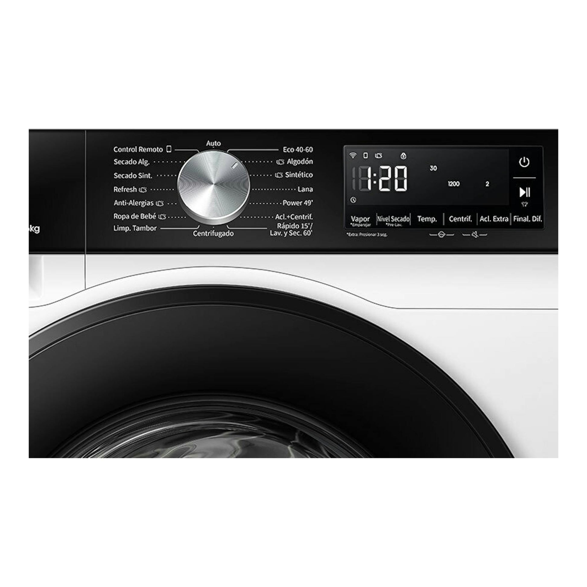 Lavasecadora Hisense WD3S1043BW3 blanca, vista frontal parcial, con panel negro, selector central y pantalla digital.