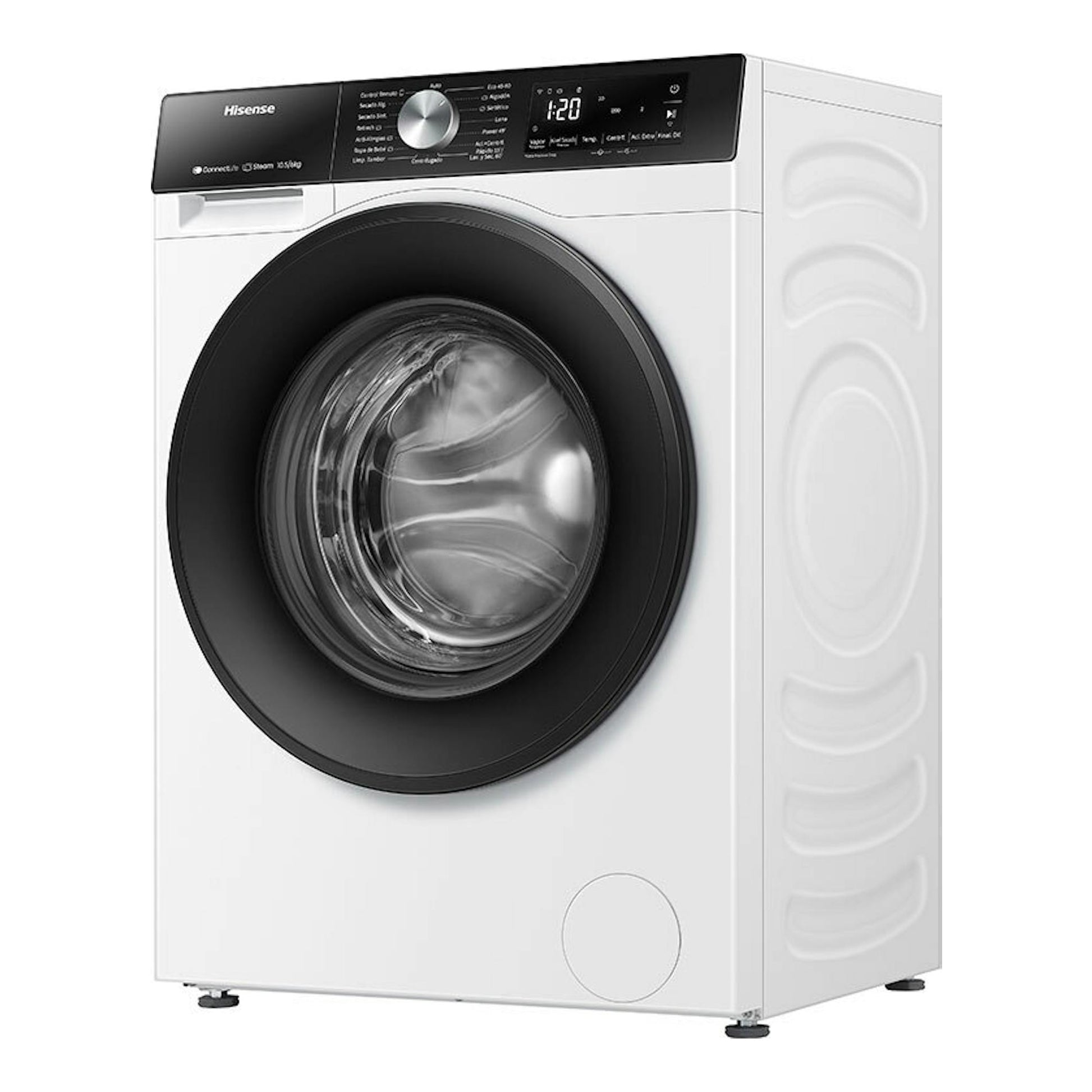 Lavasecadora Hisense WD3S1043BW3 blanca, vista frontal en ángulo, puerta negra y panel superior negro.