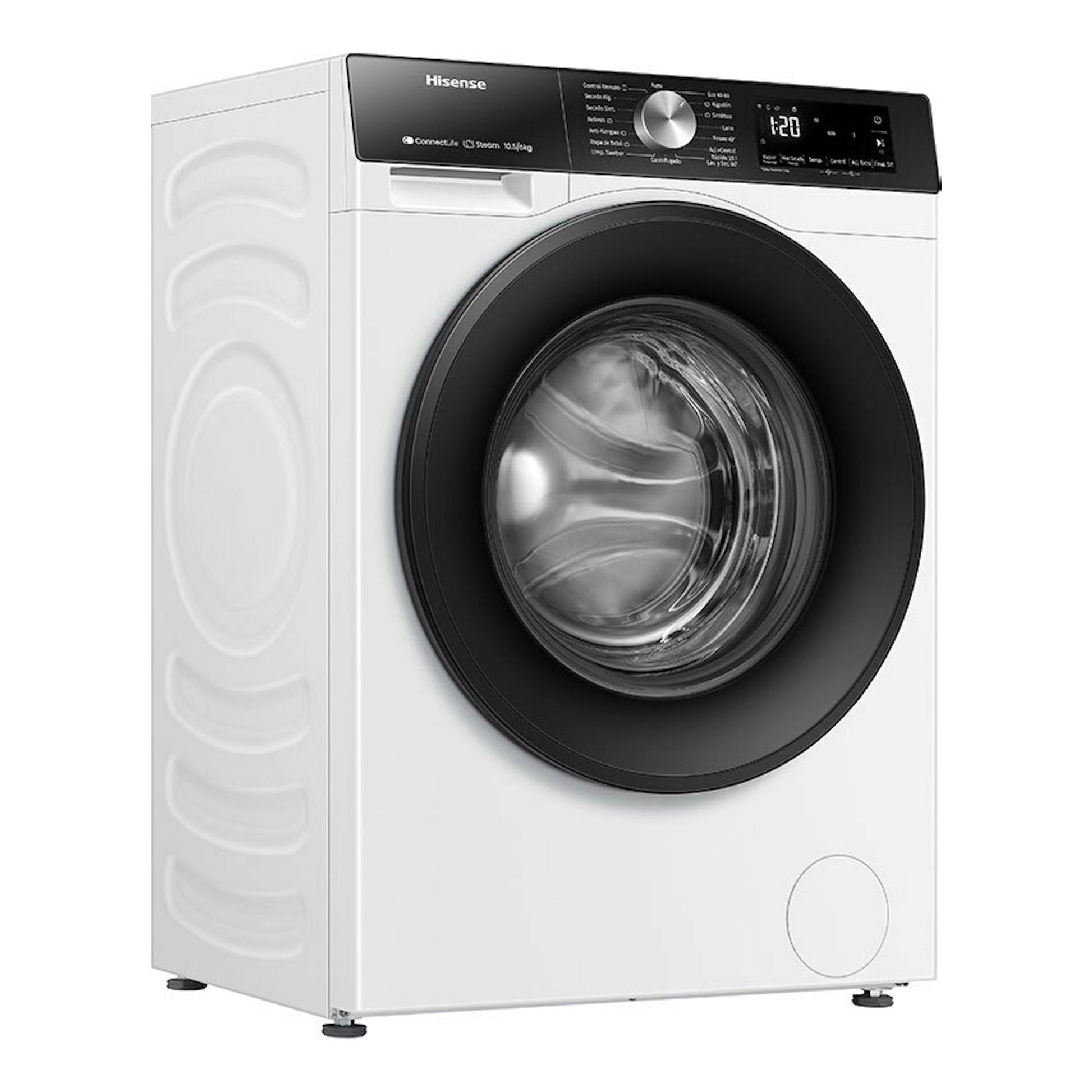 Lavasecadora Hisense WD3S1043BW3 blanca, vista frontal, con puerta negra y panel superior.