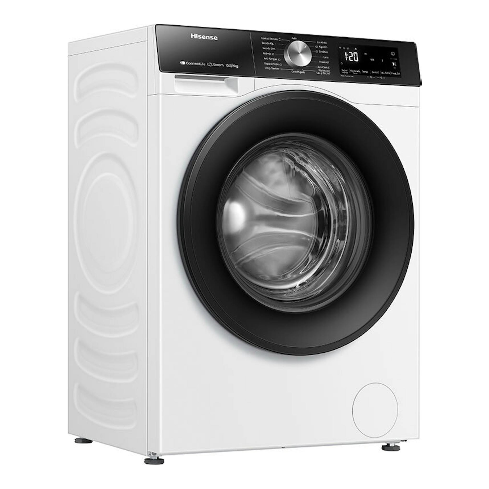 Lavasecadora Hisense WD3S1043BW3 blanca, vista frontal, con puerta negra y panel superior.