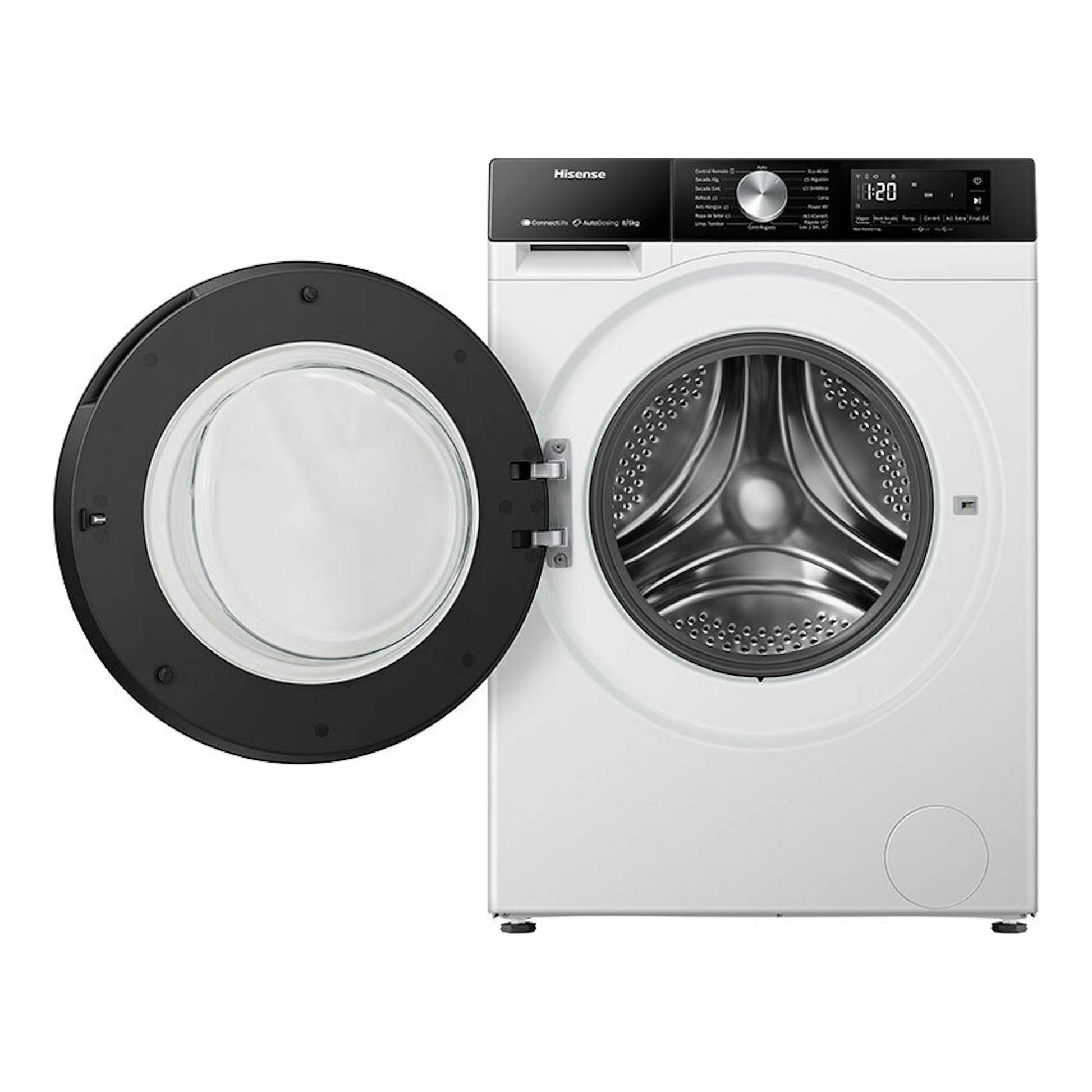 Lavasecadora Hisense WD3S8043BW3 blanca, vista frontal, con la puerta negra abierta y tambor visible.