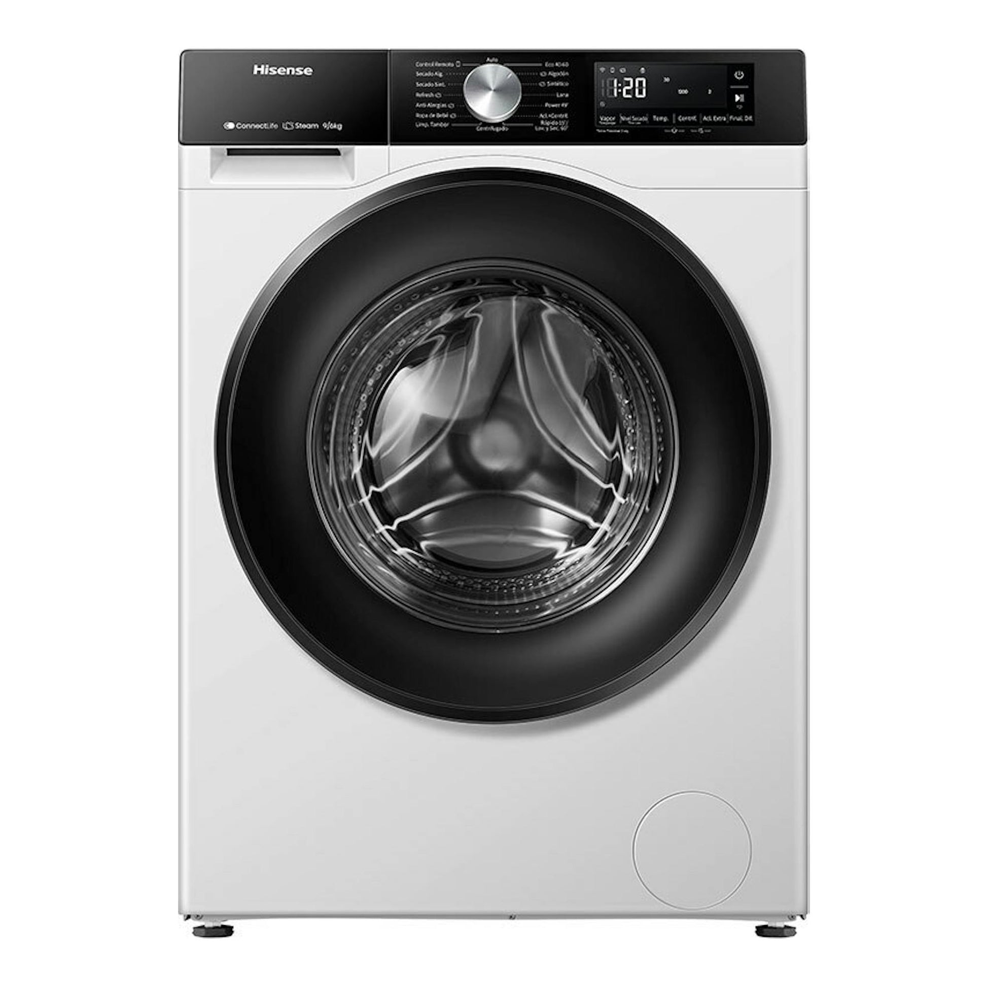 Lavasecadora Hisense WD3S9043BW3 blanca, vista frontal, con puerta circular negra y panel digital superior.