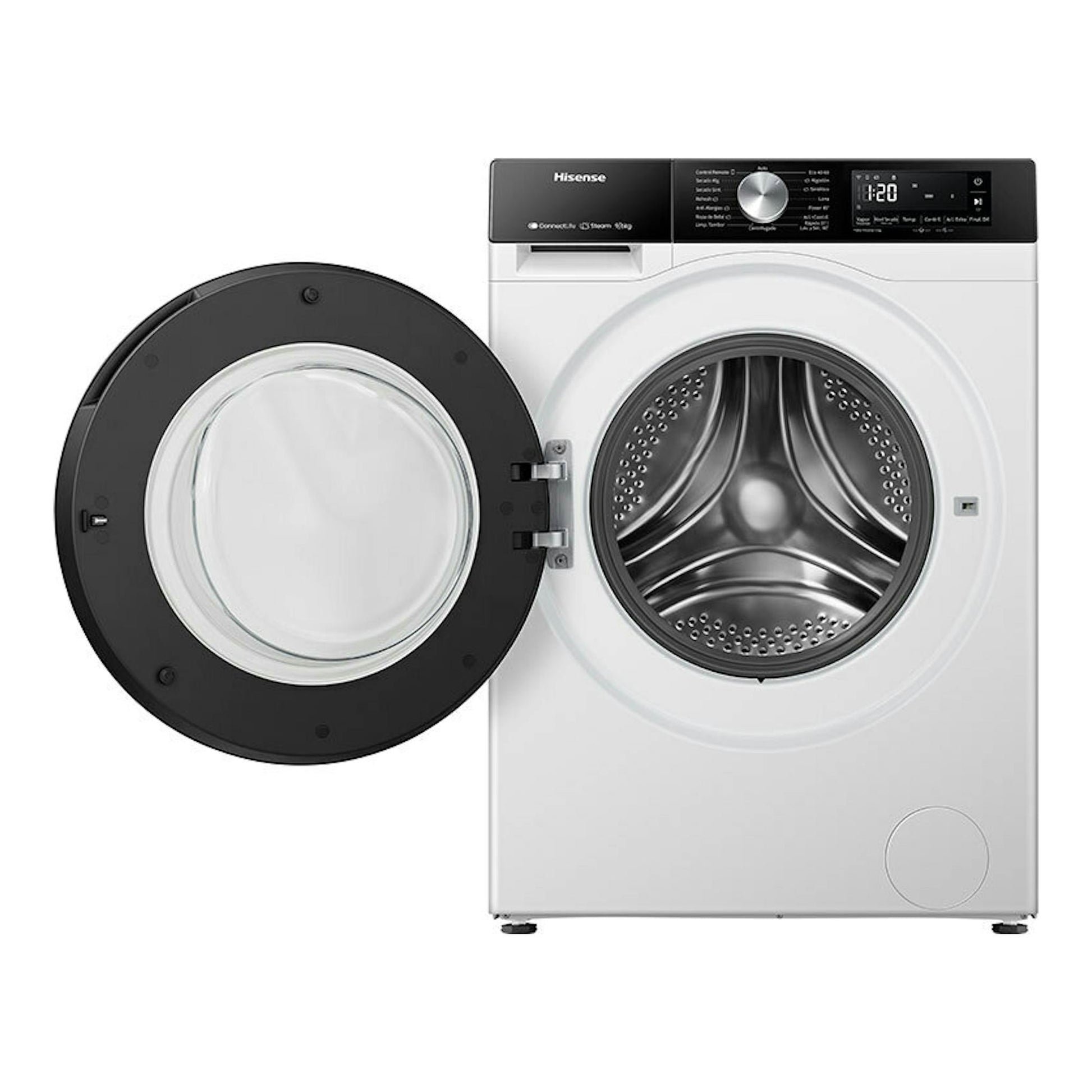 Lavasecadora Hisense WD3S9043BW3 blanca, vista frontal, con puerta negra abierta y panel superior digital.