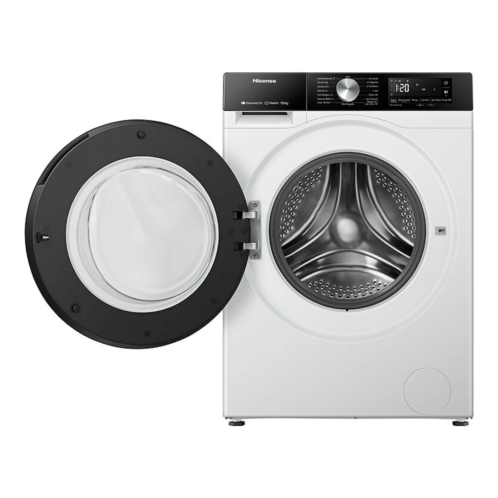 Lavasecadora Hisense WD3S9043BW3 blanca, vista frontal, con puerta negra abierta y panel superior digital.