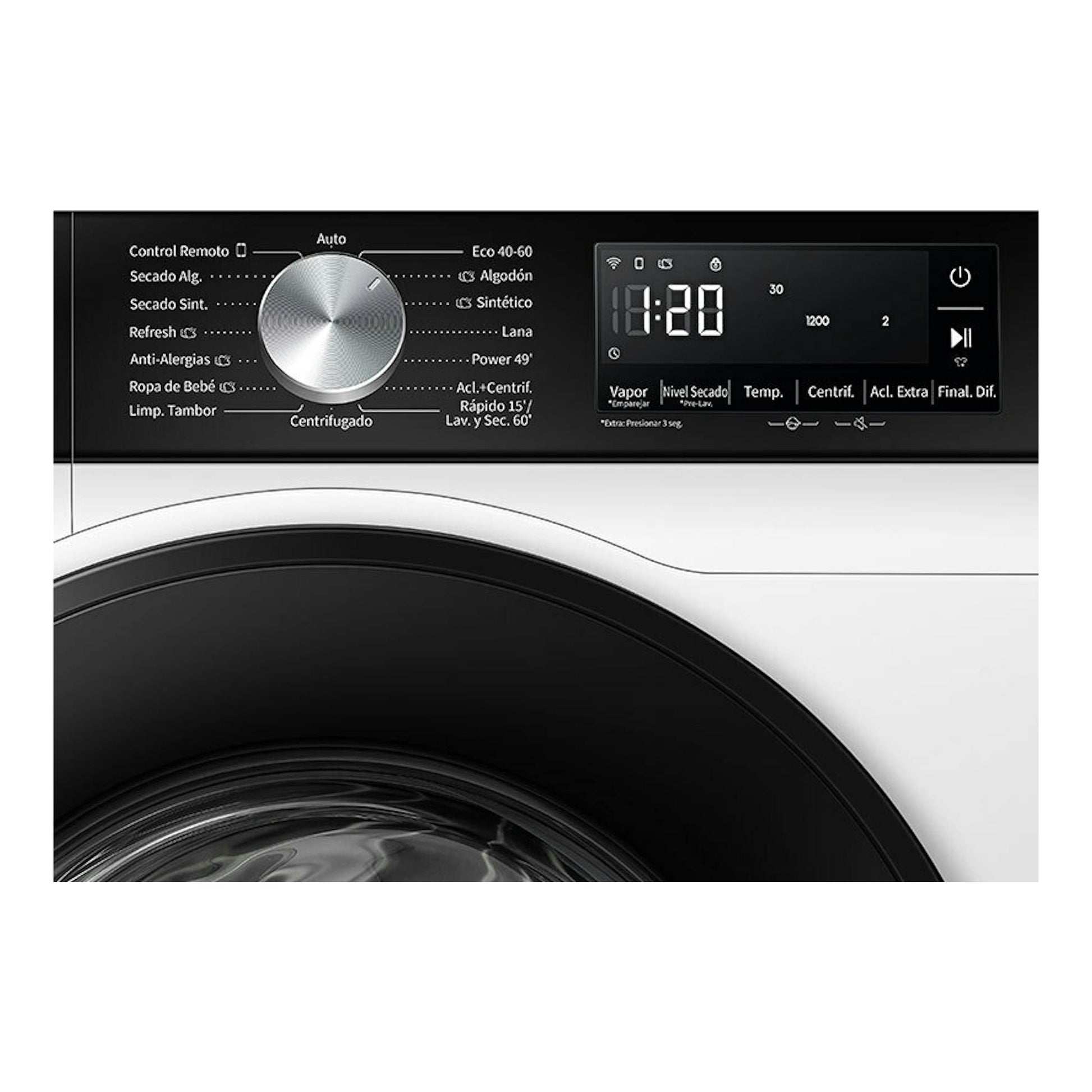 Lavasecadora Hisense WD3S9043BW3 blanca, vista frontal parcial, panel negro con dial plateado y pantalla digital.