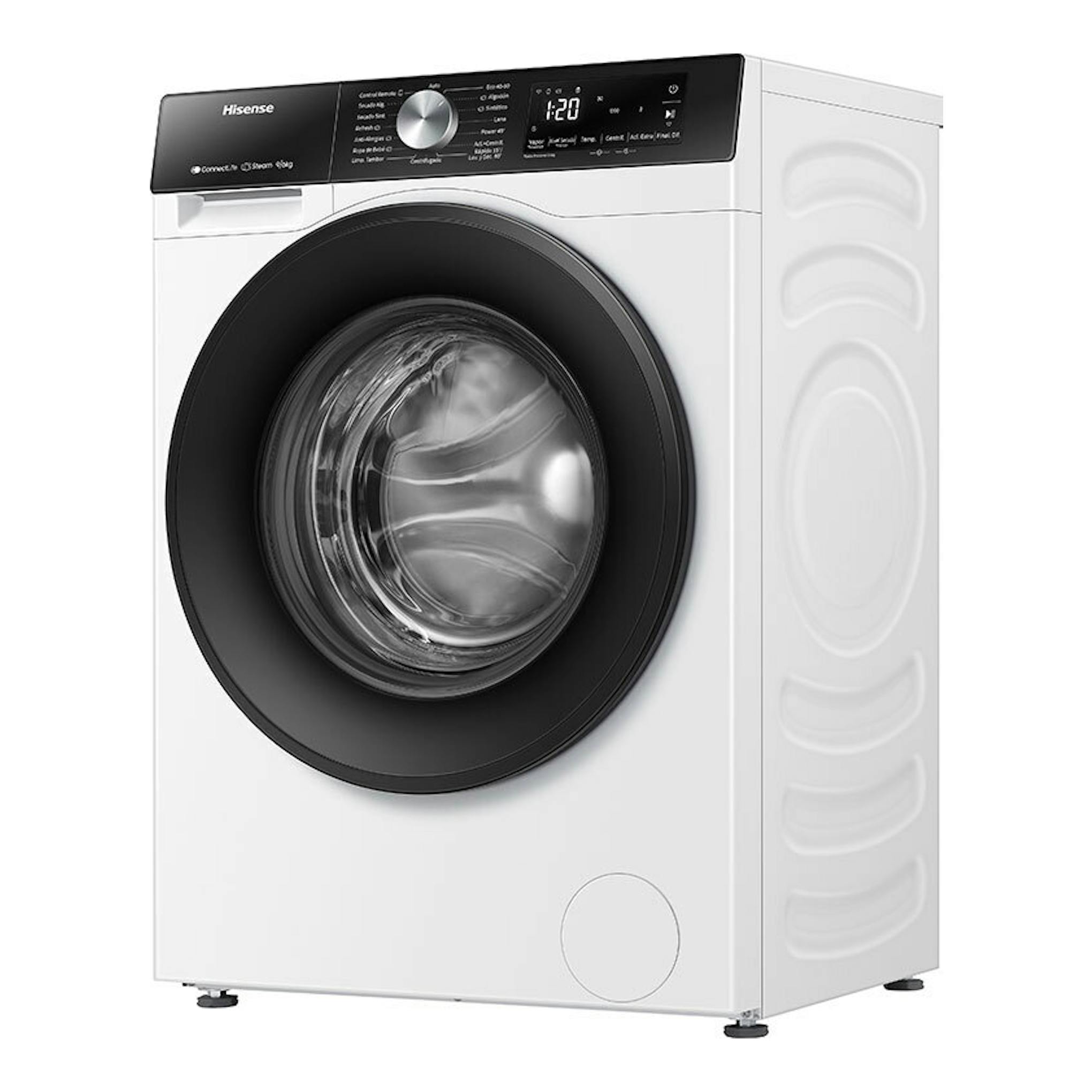 Lavasecadora Hisense WD3S9043BW3 blanca, vista frontal, con puerta negra y panel de control superior.