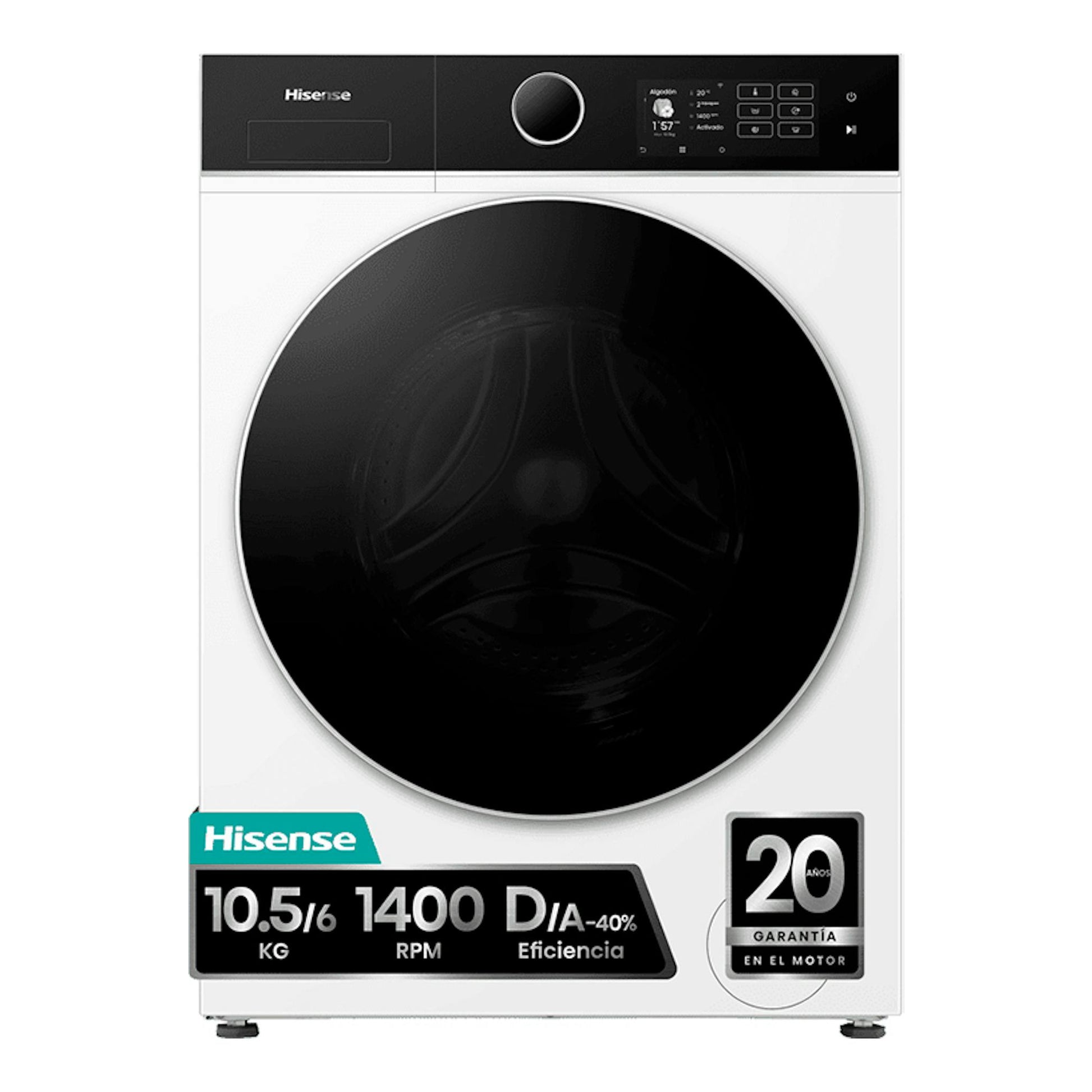 Lavasecadora Hisense WD5i1045BWQ blanca, vista frontal, con puerta negra circular y panel superior negro.