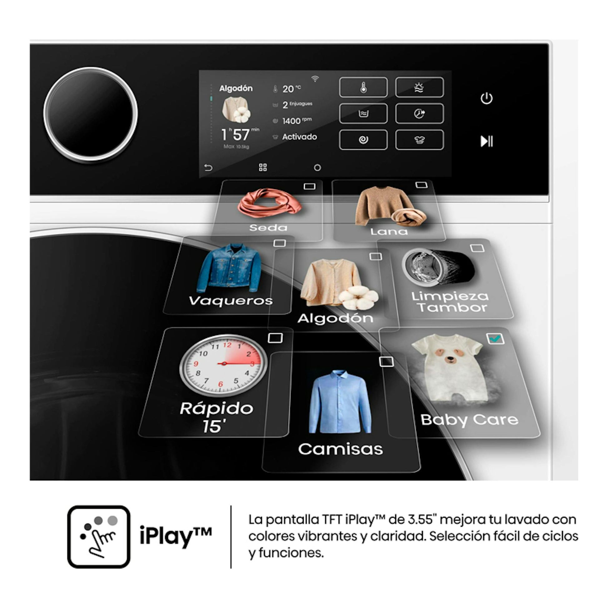 Lavasecadora Hisense WD5i1045BWQ 10 kg, vista frontal parcial del panel táctil negro y plateado con ciclos.