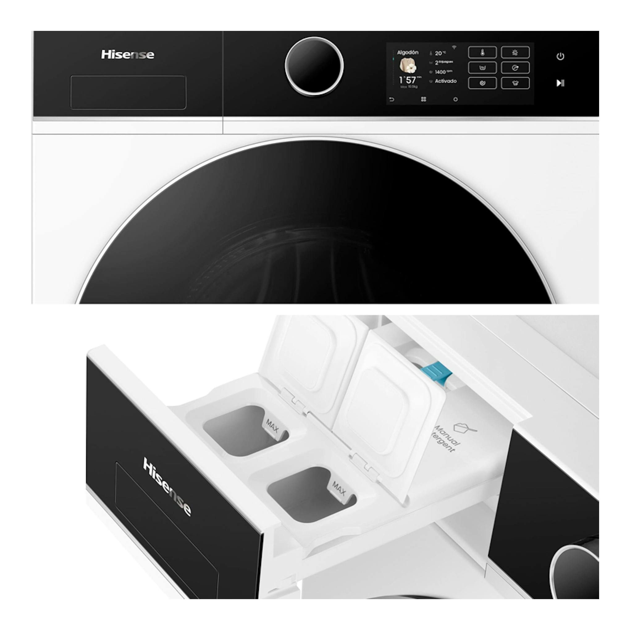 Lavasecadora Hisense WD5i1045BWQ blanca y negra, vista frontal parcial y cajón de detergente abierto.