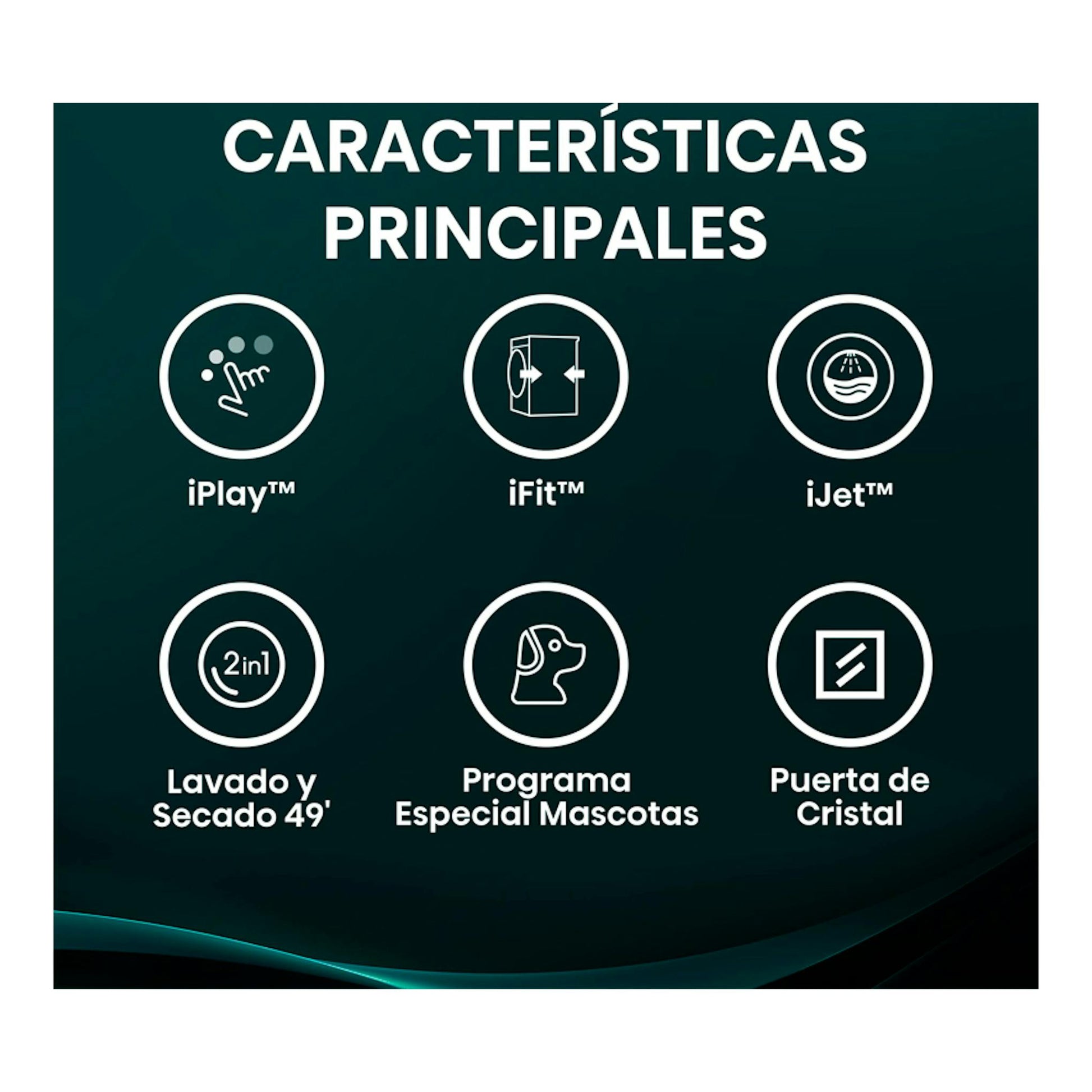 Infografía de lavasecadora Hisense WD5i1045BWQ con iconos de iPlay, iFit, iJet, lavado y secado 49'.