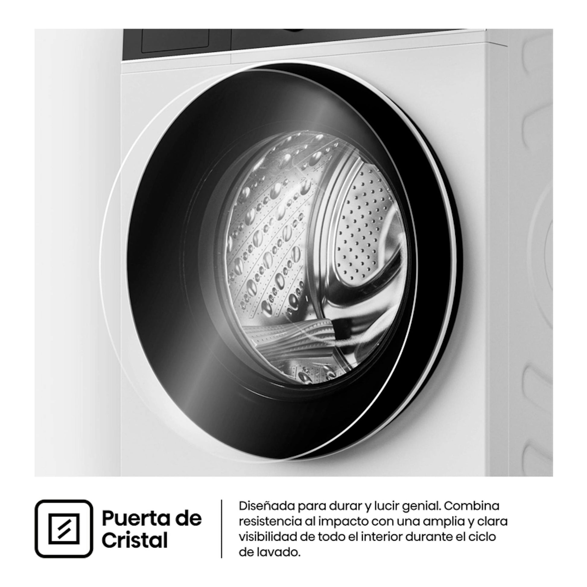 Lavasecadora Hisense WD5i1045BWQ blanca, vista frontal parcial con puerta circular de cristal negro.