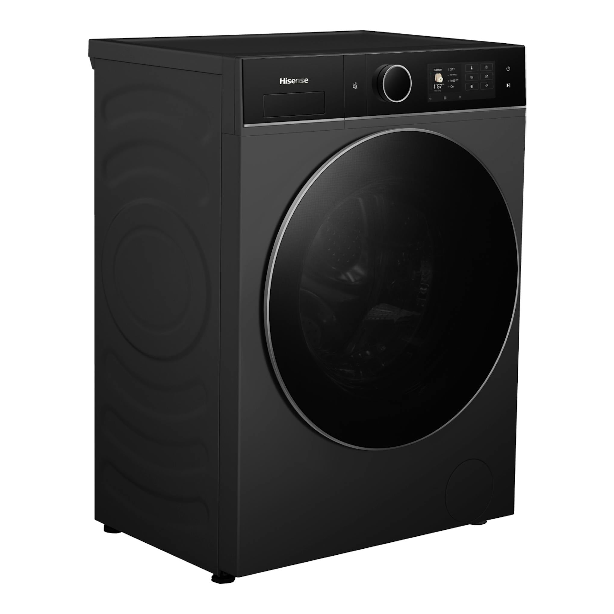 Lavasecadora Hisense WD5I1245BBRH negra, vista frontal en tres cuartos, con puerta circular y panel digital.