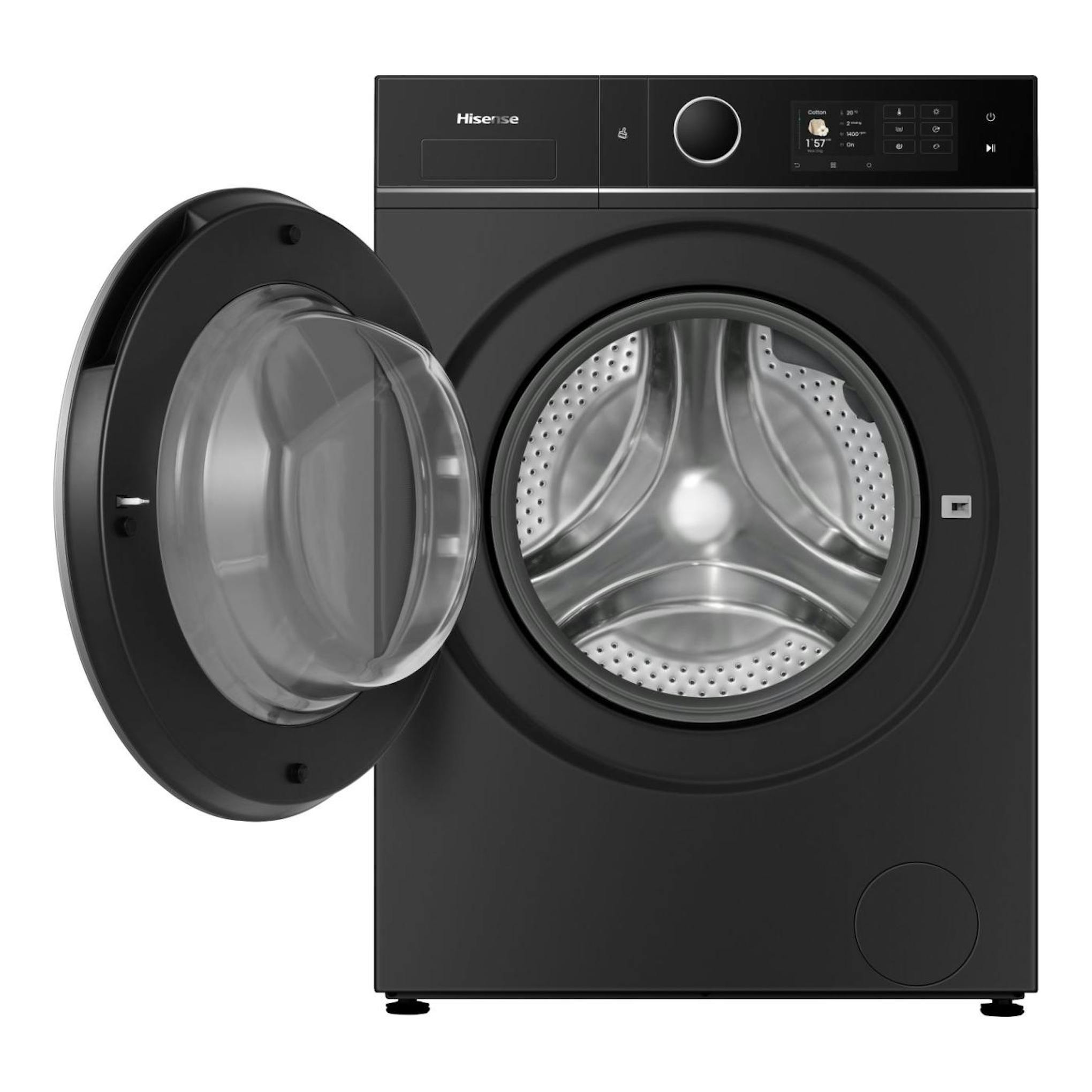 Lavasecadora Hisense WD5I1245BBRH negra, vista frontal, con puerta abierta y tambor visible.