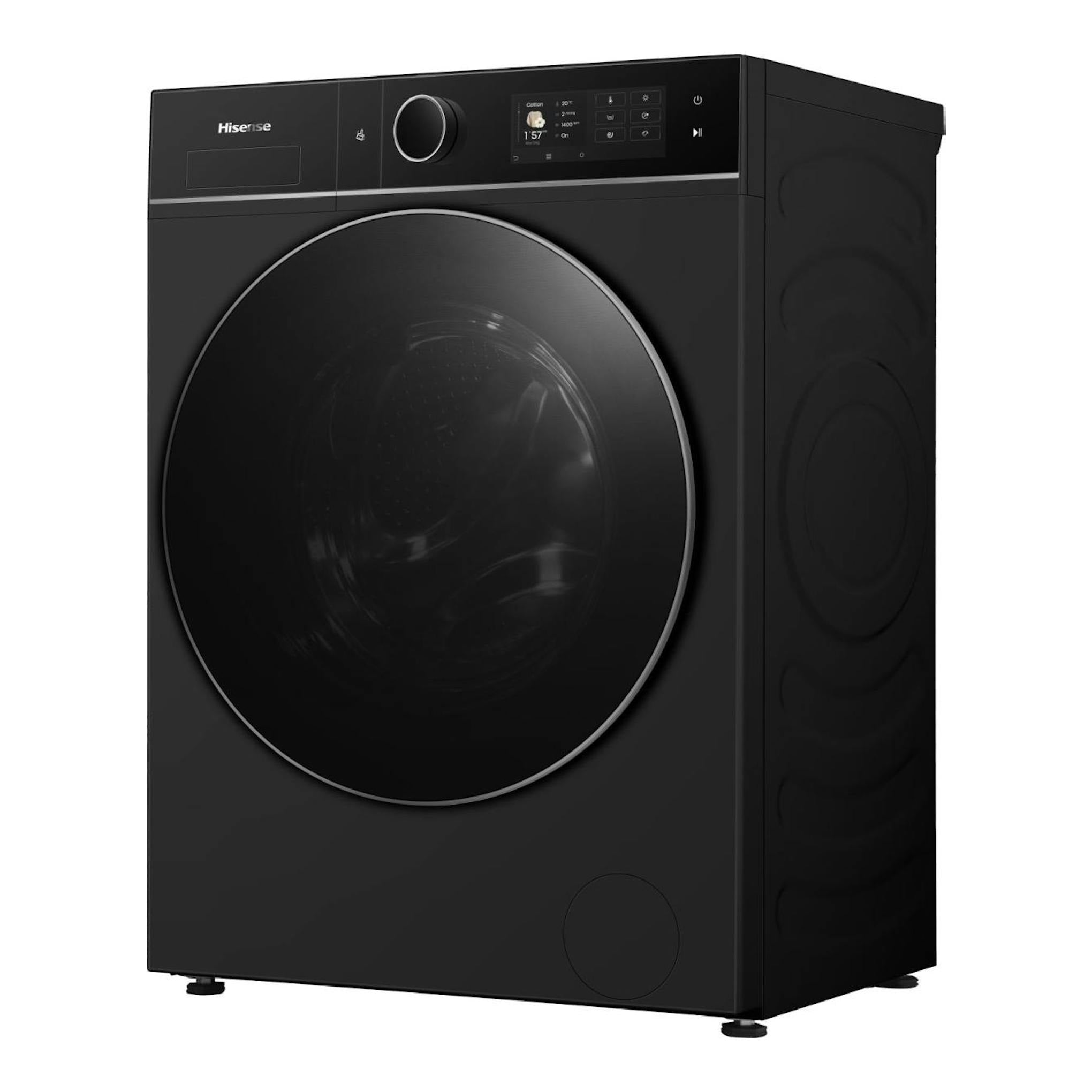 Lavasecadora Hisense WD5I1245BBRH negra, vista frontal en ángulo, con puerta circular y panel digital superior.