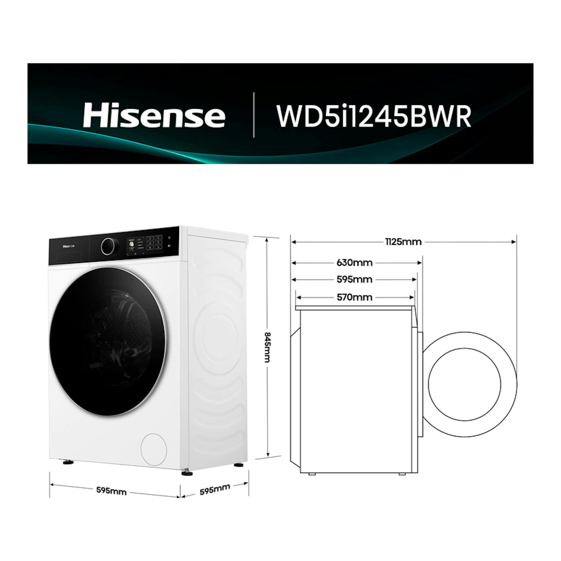 Hisense WD5i1245BWR lavasecadora blanca, vista frontal y lateral, con puerta negra y medidas del equipo.