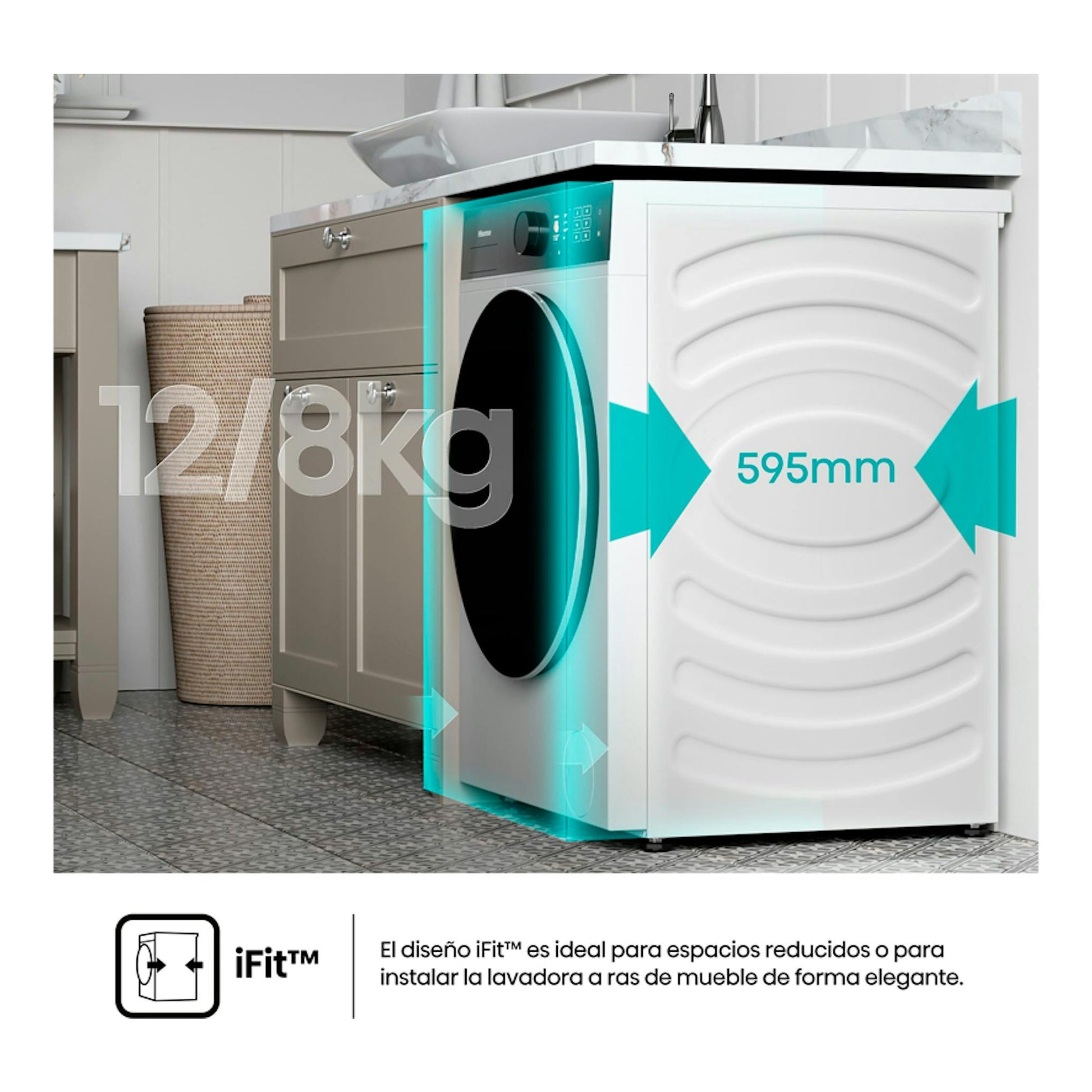 Lavasecadora Hisense WD5i1245BWR blanca, vista frontal en cocina, con puerta negra y medidas 12/8 kg.