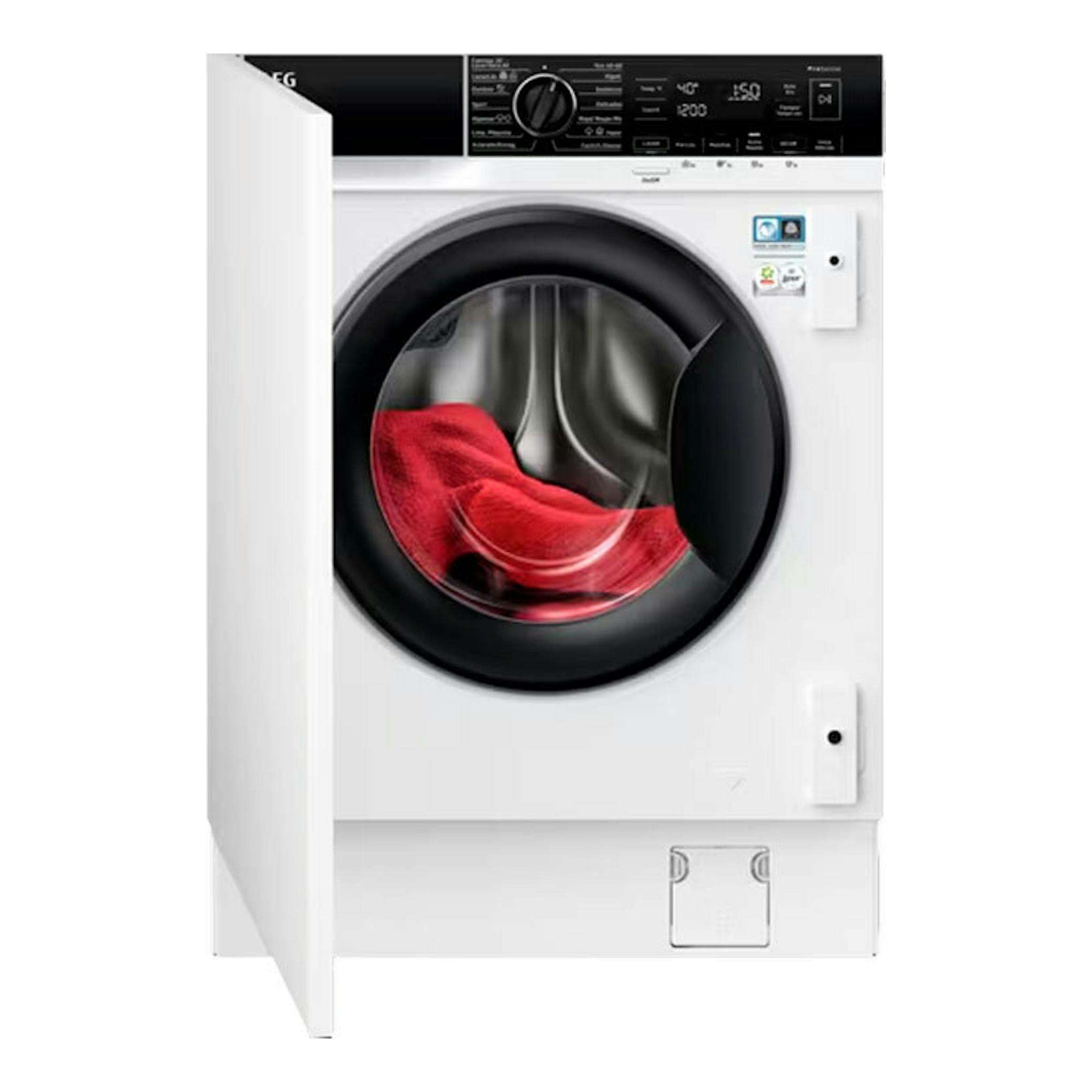 Lavasecadora integrable AEG LWN7E8636F blanca, vista frontal con puerta exterior abierta y panel negro.