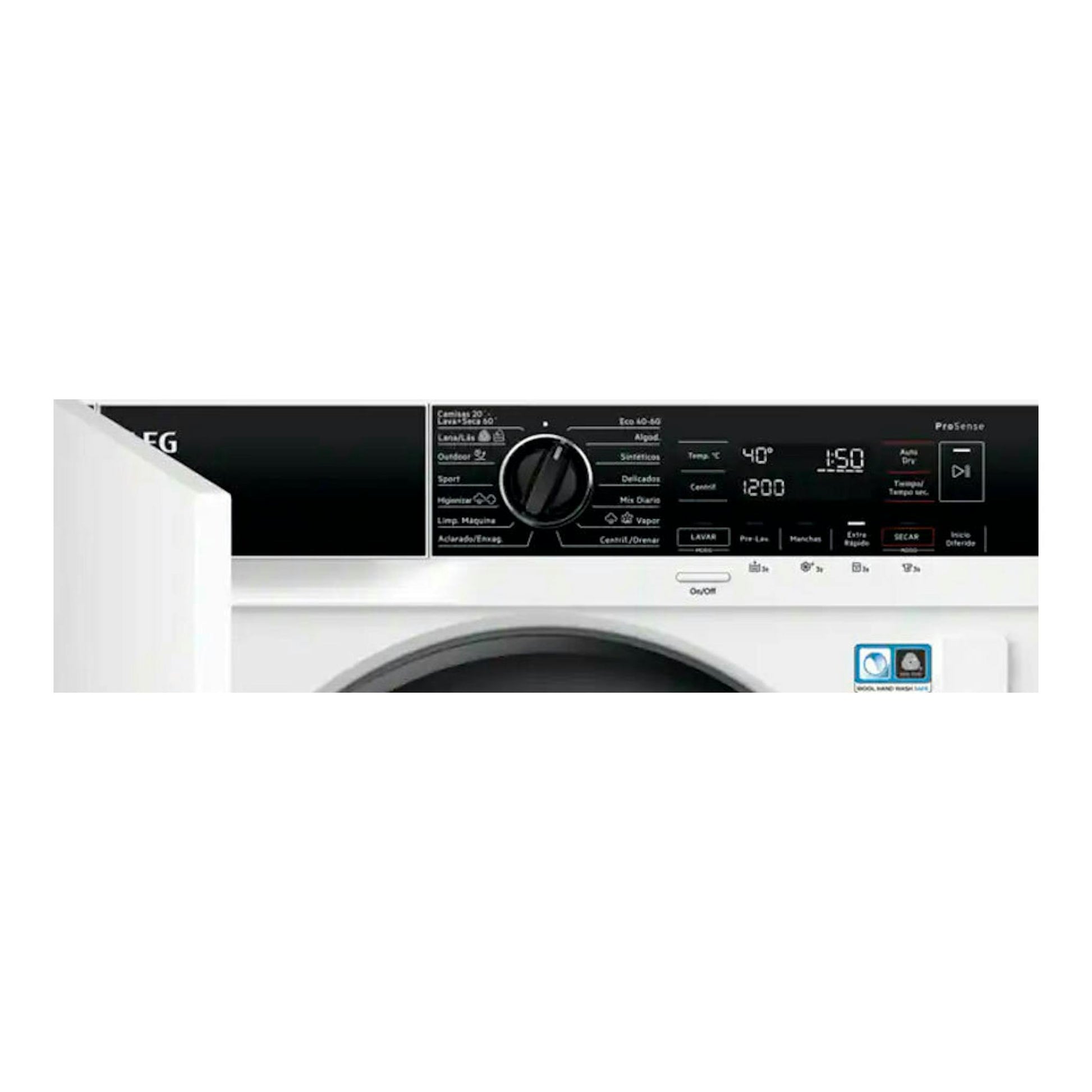 Lavasecadora integrable AEG LWN8E8636F, vista frontal parcial, blanca con panel de control negro.