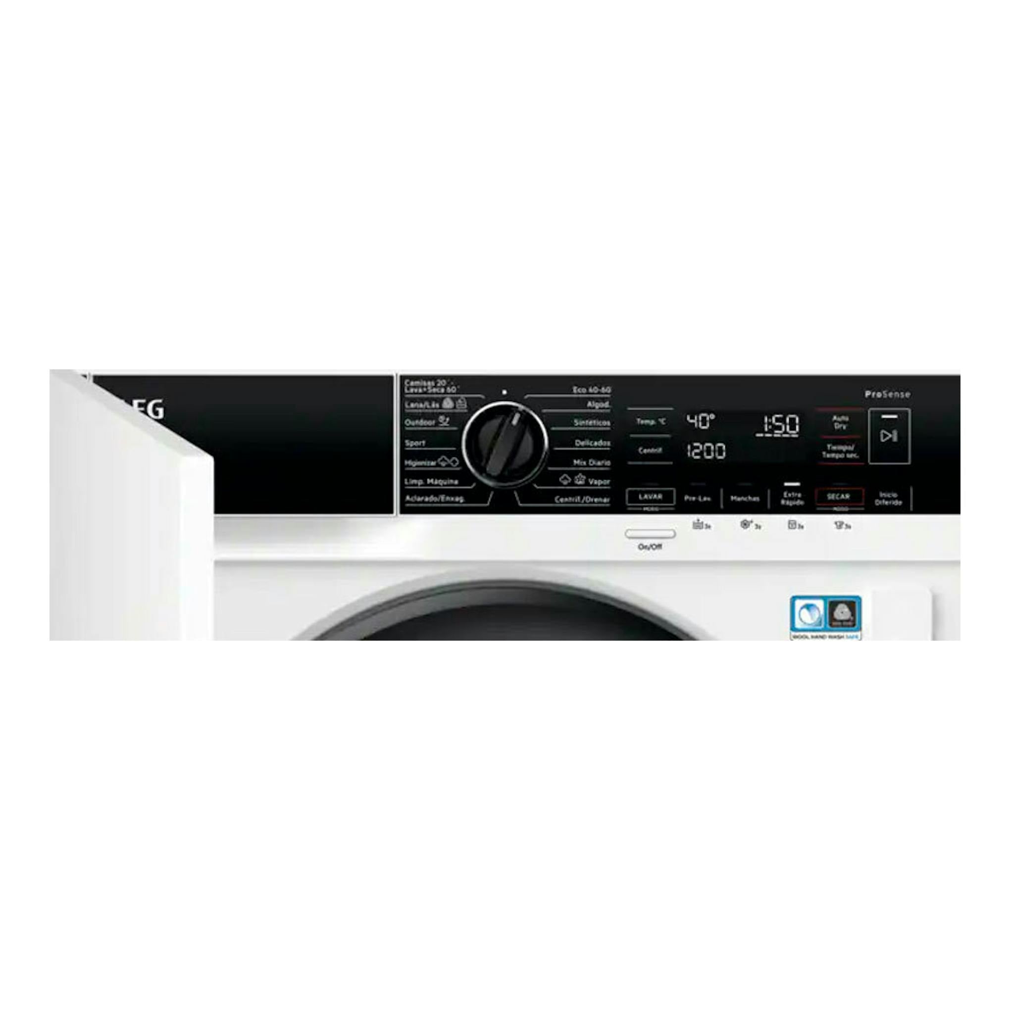 Lavasecadora integrable AEG LWN8E8636F, vista frontal parcial, blanca con panel de control negro.