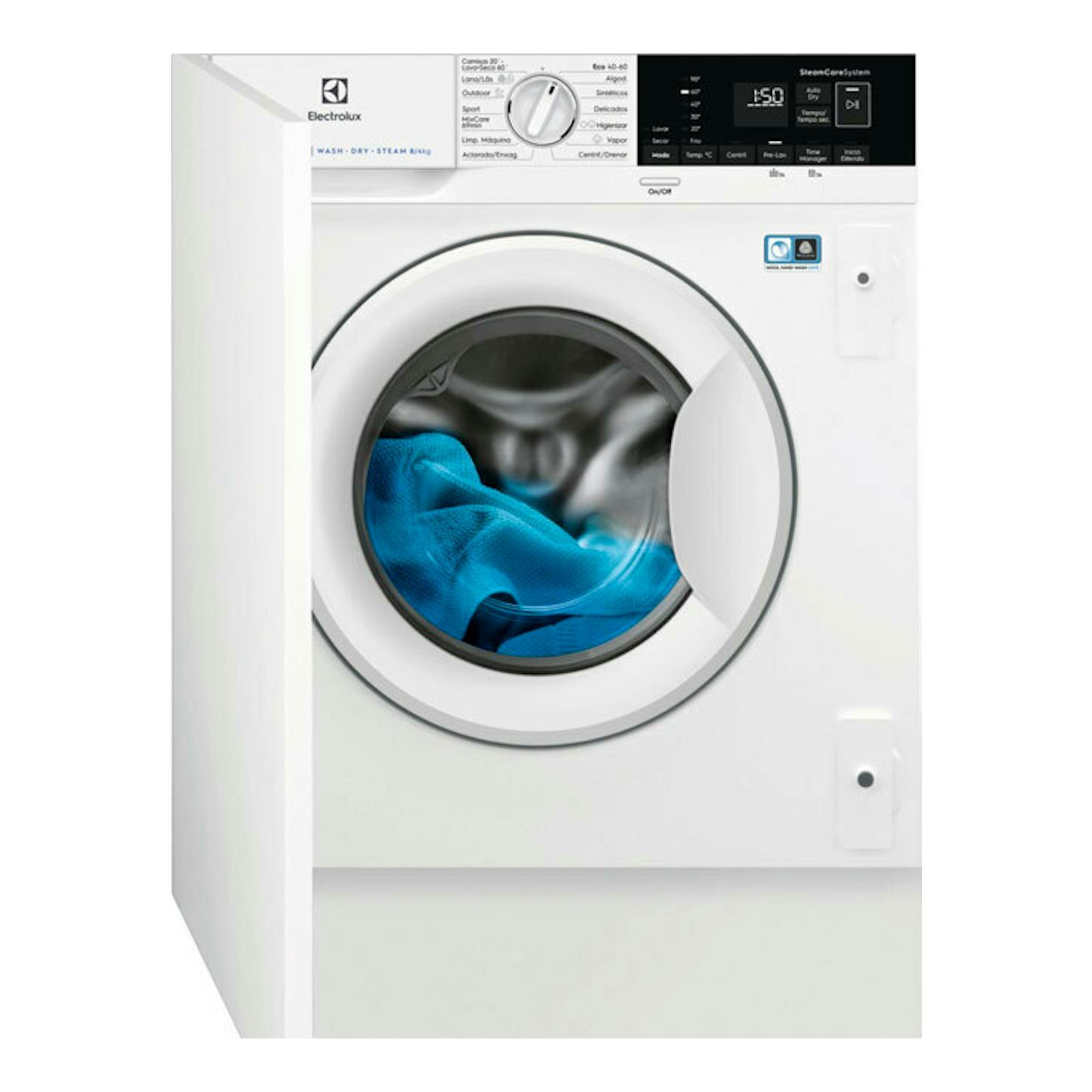 Lavasecadora integrable Electrolux EN7W4862OF blanca, vista frontal, con puerta circular y ropa azul.