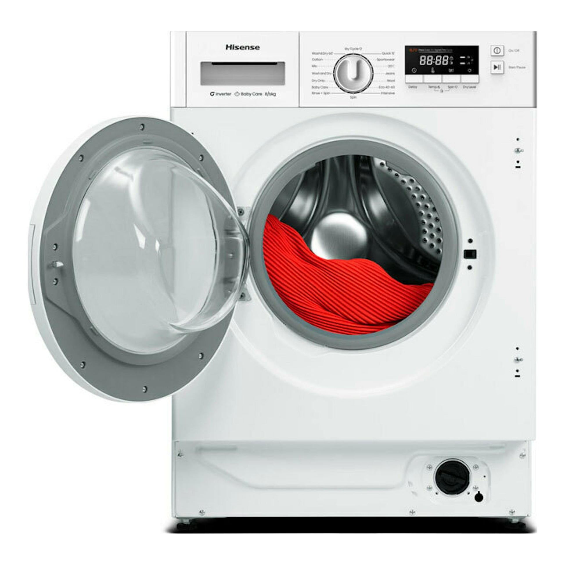 Lavasecadora integrable Hisense WD3M841BWIES blanca, vista frontal, con puerta abierta y ropa roja dentro.