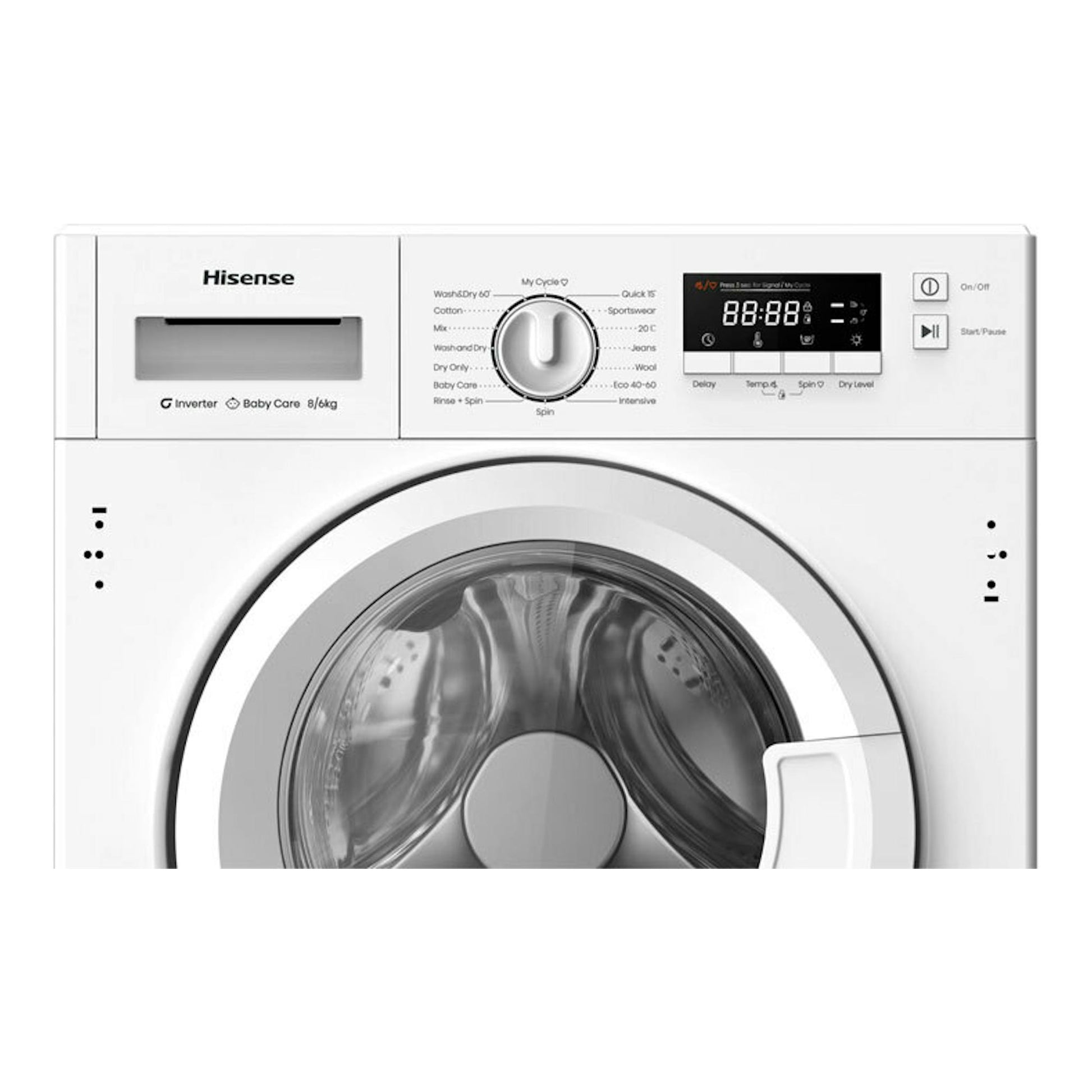 Lavasecadora integrable Hisense WD3M841BWIES blanca, vista frontal con puerta circular y panel digital.