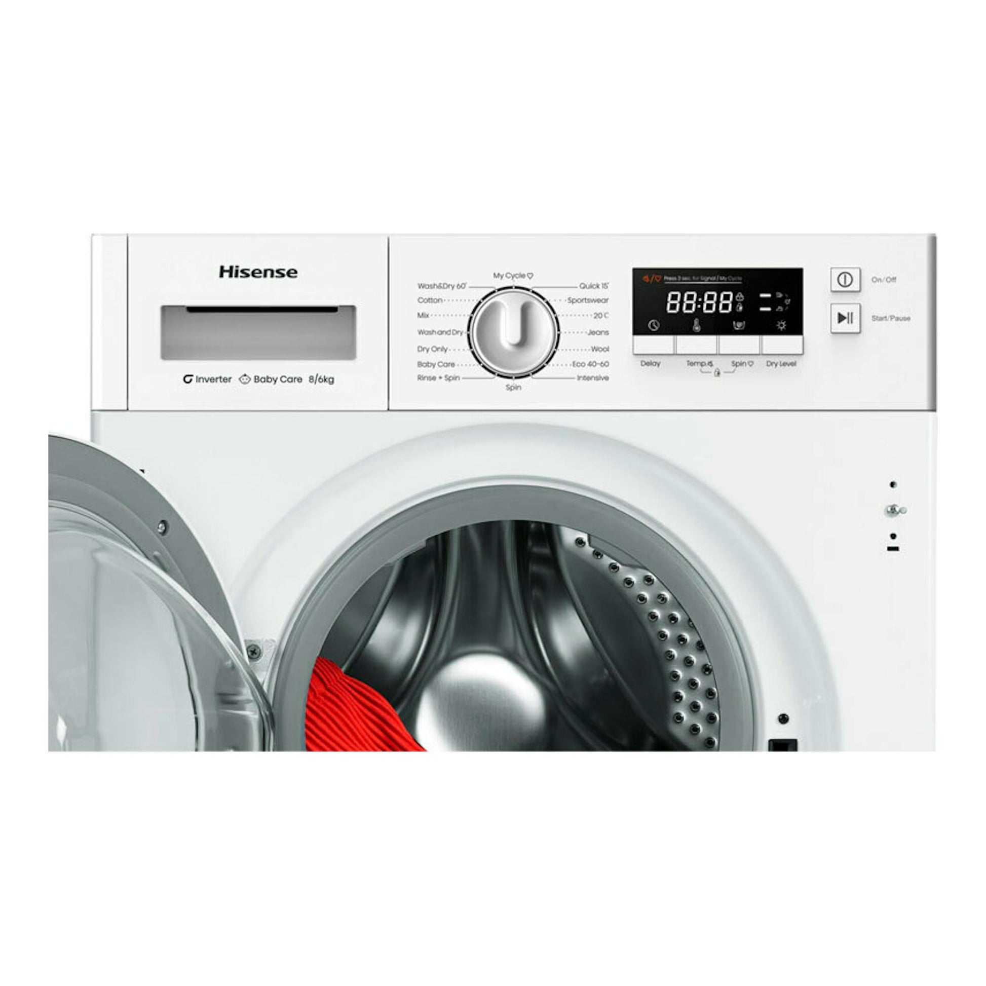 Lavasecadora integrable Hisense WD3M841BWIES blanca, vista frontal, con puerta abierta y panel de control digital.