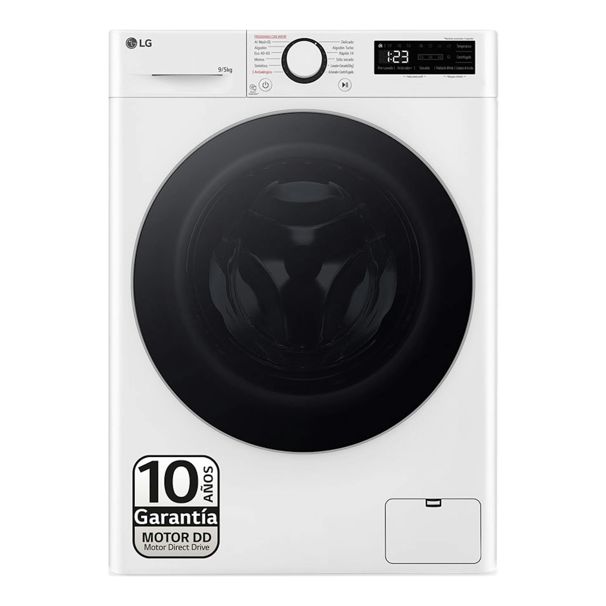 Lavasecadora LG F2DR5S09A1W blanca, vista frontal, con puerta negra circular y panel digital superior.