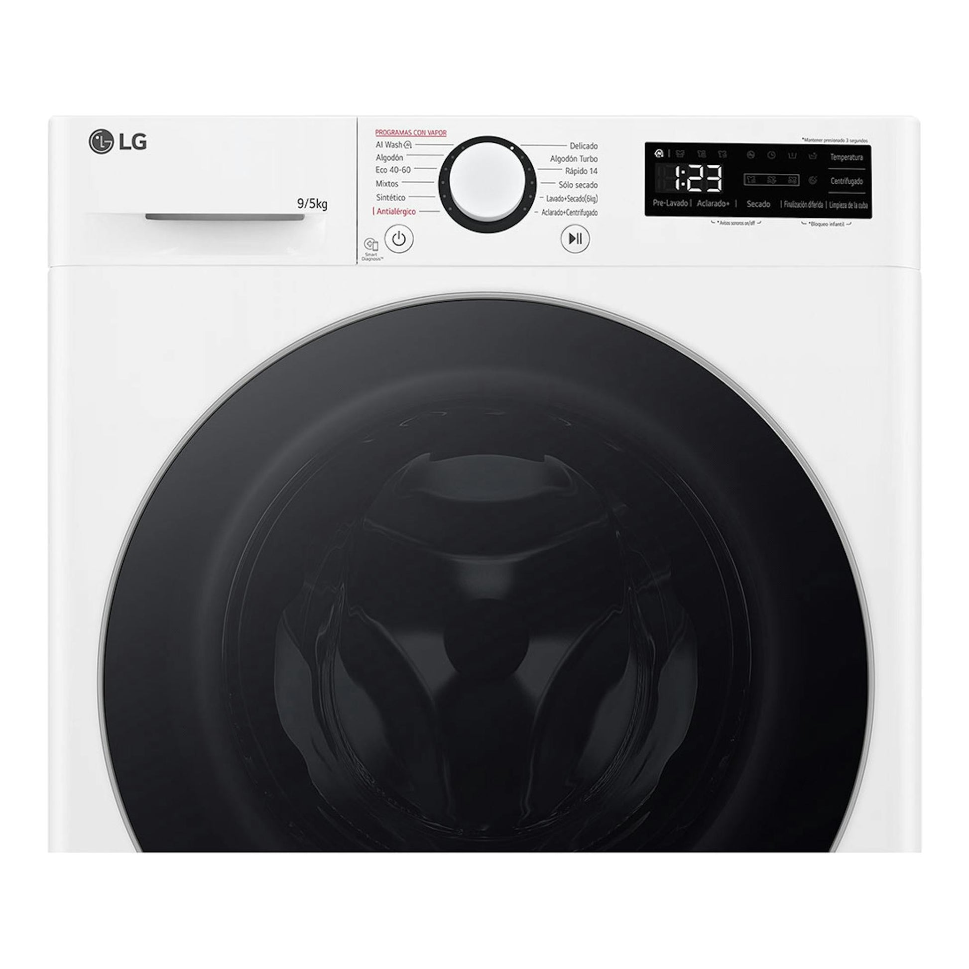 Lavasecadora LG F2DR5S09A1W blanca, vista frontal, con puerta negra circular y panel de control superior.