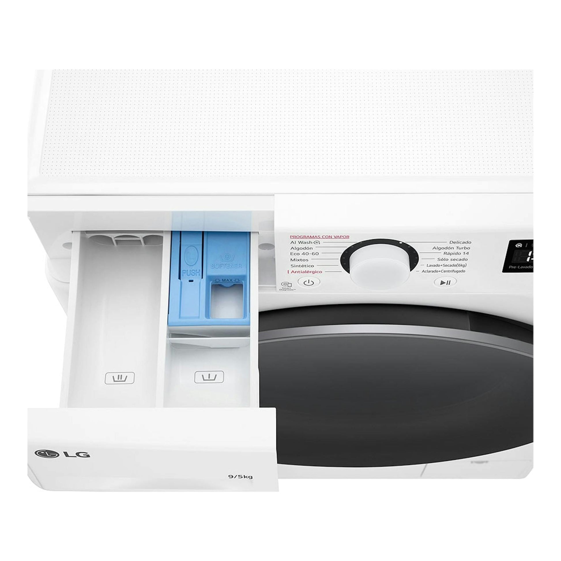 Lavasecadora LG F2DR5S09A1W blanca, vista frontal, con cajón de detergente abierto y puerta negra.