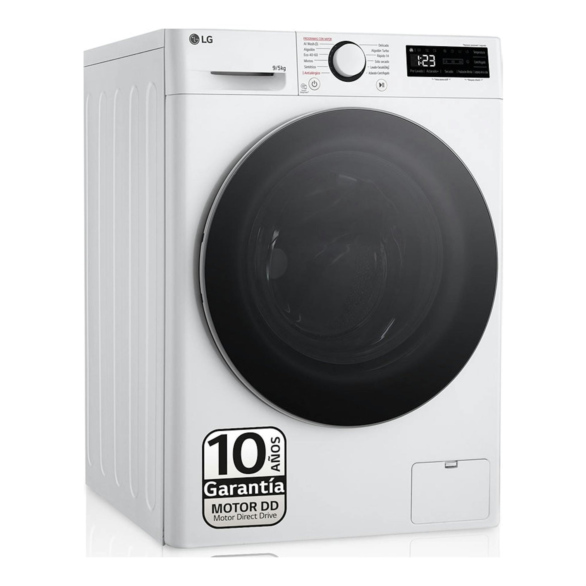 Lavasecadora LG F2DR5S09A1W blanca, vista frontal en ángulo, con puerta negra circular y panel superior.