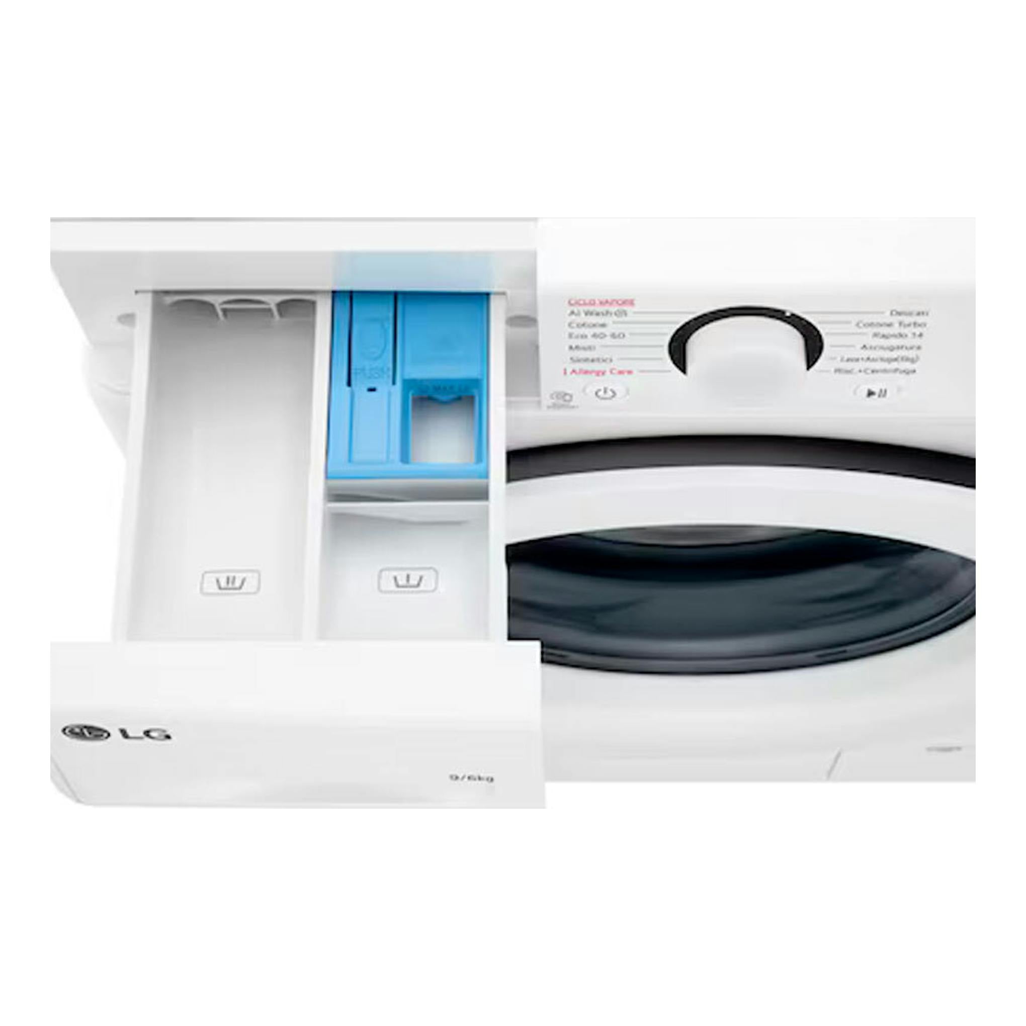 Lavasecadora LG F4DR5009A3W blanca, vista frontal, con cajetín de detergente abierto y puerta circular.