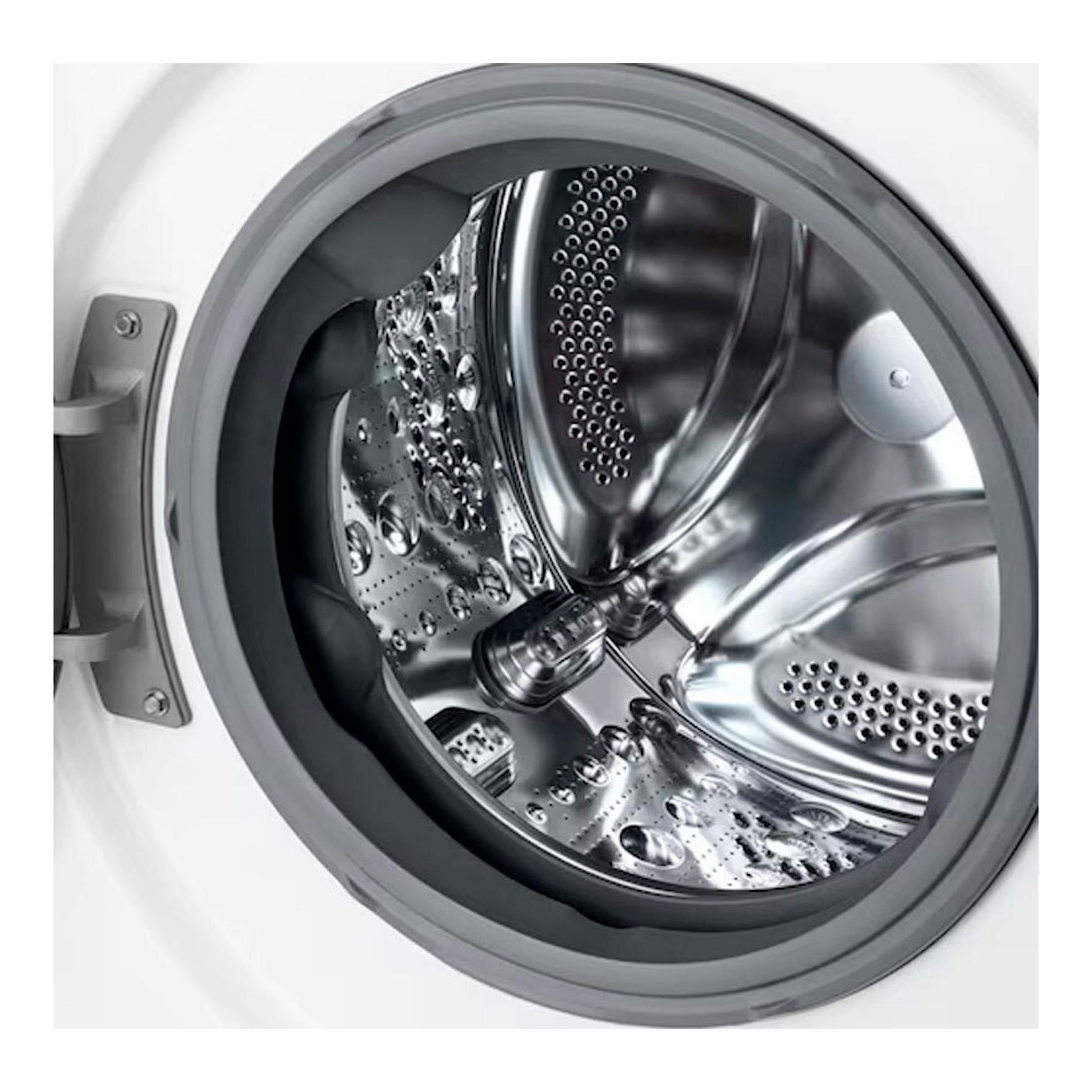LG F4DR5009A3W: interior del tambor de una lavasecadora blanca, vista frontal en primer plano.